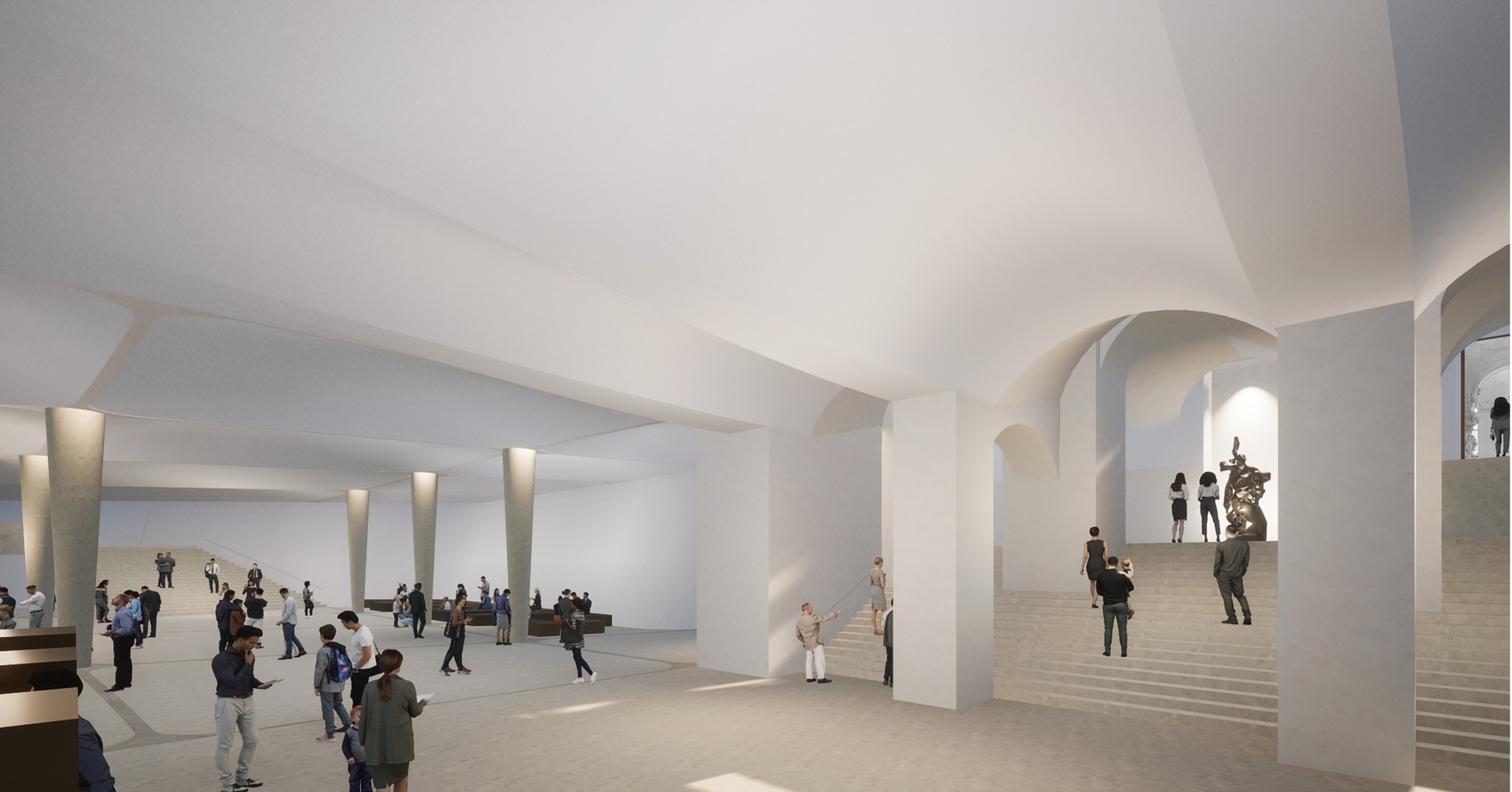Our contribution to the competition for the new underground visitor centre of the Upper Belvedere.
2024
"Eine architektonische Lösung in diesem bedeutenden Bau von Johann Lukas von Hildebrandt kann nur in einem achtsamen, dialoghaften Vorgehen bestehen. Die Symmetrie muss bewahrt bleiben, um die auf das Nötigste beschränkten Eingriffe nicht als Fremdkörper erscheinen zu lassen. Die Verbindung der Ein- und Ausgänge mit den baubehördlich notwendigen Fluchtwegen wird dem gerecht, wobei gleichzeitig durch eine sanfte plastische Geländewölbung ein repräsentatives Entre´ geschaffen wird. Auf der präzise situierten Geländekante wird eine reliefartige Sitzstufe als normgerechte Absturzsicherung im harmonisch gesetzten Schwung in Bezug zur Rampe des Belvederes gesetzt. Einer Broderie ähnlich ragt diese lediglich 20cm aus dem Parkniveau. Dieser architektonische Eingriff ist von den südlichen und westlichen Portalen kaum sichtbar und verändert dadurch die bekannten Photomotive nicht. Beim Herangehen jedoch erscheint die Eingangssituation zunehmend, was die Orientierung ohne aufwendiges Leitsystem ermöglicht.
Der Innenraum des Visitor Centers wird durch eine ebenfalls symmetrische, großzügige Halle geformt. Der Zutritt erfolgt über die Galerieebene, von welcher aus ein achsialer Blick auf die kaskadenförmige Treppenanlage ins Belvedere gegeben ist. Eine aufgefächerte Schalenkonstruktion, ausgehend von dem Bestandsgewölbe, erzeugt eine visuelle Sogwirkung und verdeutlicht den Besucher*Innen die Wegführung. Die seitlichen Säulentrakte, welche mit gevouteten Kasettendecken überspannt sind, gliedern die jeweiligen Funktionsbereiche, welche nach der Sicherheitskontrolle auf der Galerie über eine großzügige Treppe erreichbar sind."
#visitorcenterbelvedere
#belvederevisitorcenter #BelvedereMuseum #Research #BelvedereUnderground #PalaceInvitation #ArchitecturalCompetition #DesignInspiration #CulturalHeritage #UrbanExploration #ArtandArchitecture #InnovativeDesign #architecture #vienna