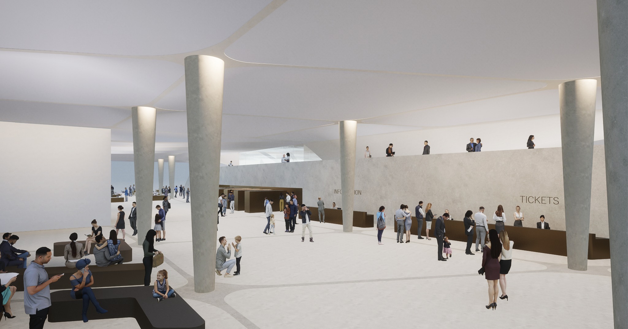 Our contribution to the competition for the new underground visitor centre of the Upper Belvedere.
2024
"Eine architektonische Lösung in diesem bedeutenden Bau von Johann Lukas von Hildebrandt kann nur in einem achtsamen, dialoghaften Vorgehen bestehen. Die Symmetrie muss bewahrt bleiben, um die auf das Nötigste beschränkten Eingriffe nicht als Fremdkörper erscheinen zu lassen. Die Verbindung der Ein- und Ausgänge mit den baubehördlich notwendigen Fluchtwegen wird dem gerecht, wobei gleichzeitig durch eine sanfte plastische Geländewölbung ein repräsentatives Entre´ geschaffen wird. Auf der präzise situierten Geländekante wird eine reliefartige Sitzstufe als normgerechte Absturzsicherung im harmonisch gesetzten Schwung in Bezug zur Rampe des Belvederes gesetzt. Einer Broderie ähnlich ragt diese lediglich 20cm aus dem Parkniveau. Dieser architektonische Eingriff ist von den südlichen und westlichen Portalen kaum sichtbar und verändert dadurch die bekannten Photomotive nicht. Beim Herangehen jedoch erscheint die Eingangssituation zunehmend, was die Orientierung ohne aufwendiges Leitsystem ermöglicht.
Der Innenraum des Visitor Centers wird durch eine ebenfalls symmetrische, großzügige Halle geformt. Der Zutritt erfolgt über die Galerieebene, von welcher aus ein achsialer Blick auf die kaskadenförmige Treppenanlage ins Belvedere gegeben ist. Eine aufgefächerte Schalenkonstruktion, ausgehend von dem Bestandsgewölbe, erzeugt eine visuelle Sogwirkung und verdeutlicht den Besucher*Innen die Wegführung. Die seitlichen Säulentrakte, welche mit gevouteten Kasettendecken überspannt sind, gliedern die jeweiligen Funktionsbereiche, welche nach der Sicherheitskontrolle auf der Galerie über eine großzügige Treppe erreichbar sind."
#visitorcenterbelvedere
#belvederevisitorcenter #BelvedereMuseum #Research #BelvedereUnderground #PalaceInvitation #ArchitecturalCompetition #DesignInspiration #CulturalHeritage #UrbanExploration #ArtandArchitecture #InnovativeDesign #architecture #vienna