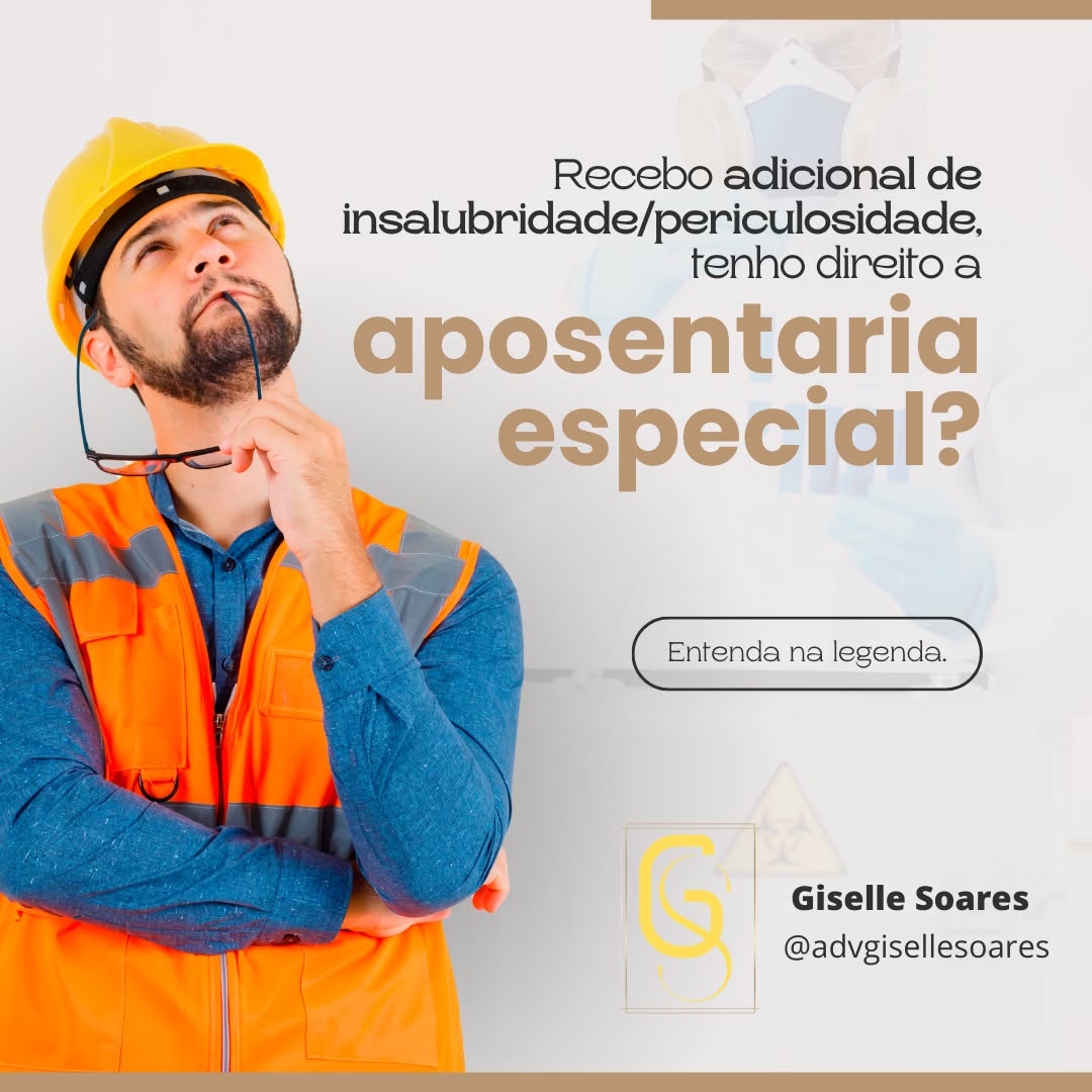 Receber o adicional de insalubridade/periculosidade não garante automaticamente o direito à aposentadoria especial.
A aposentadoria especial é um benefício previdenciário que é concedido a trabalhadores que exerceram atividades consideradas insalubres ou perigosas por um período prolongado.
Para ter direito a aposentadoria especial, é necessário atender aos Requisitos.
Caso tenha dúvida, é recomendável procurar orientação de um advogado especializado em Direito Previdenciário ou do INSS.
Atendemos todo o Brasil.
Adv. Giselle Soares
Esp. Direito Previdênciário e Tributário
(91) 98913-8626