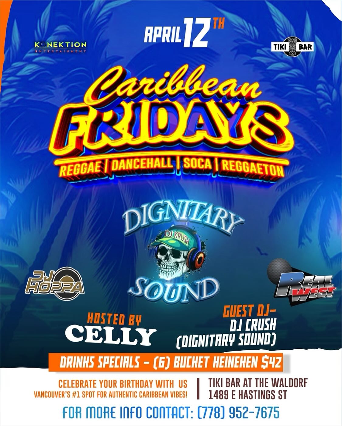 Dive into the rhythm of the islands at Caribbean Fridays on April 12th! 🌴🎶 Soak in the reggae, dancehall, soca, and reggaeton beats with Dignitary Sound and special guest DJ Crush. Hosted by Celly at Tiki Bar - where the vibe is always tropical. Specials on Heineken to keep you grooving! 🍻