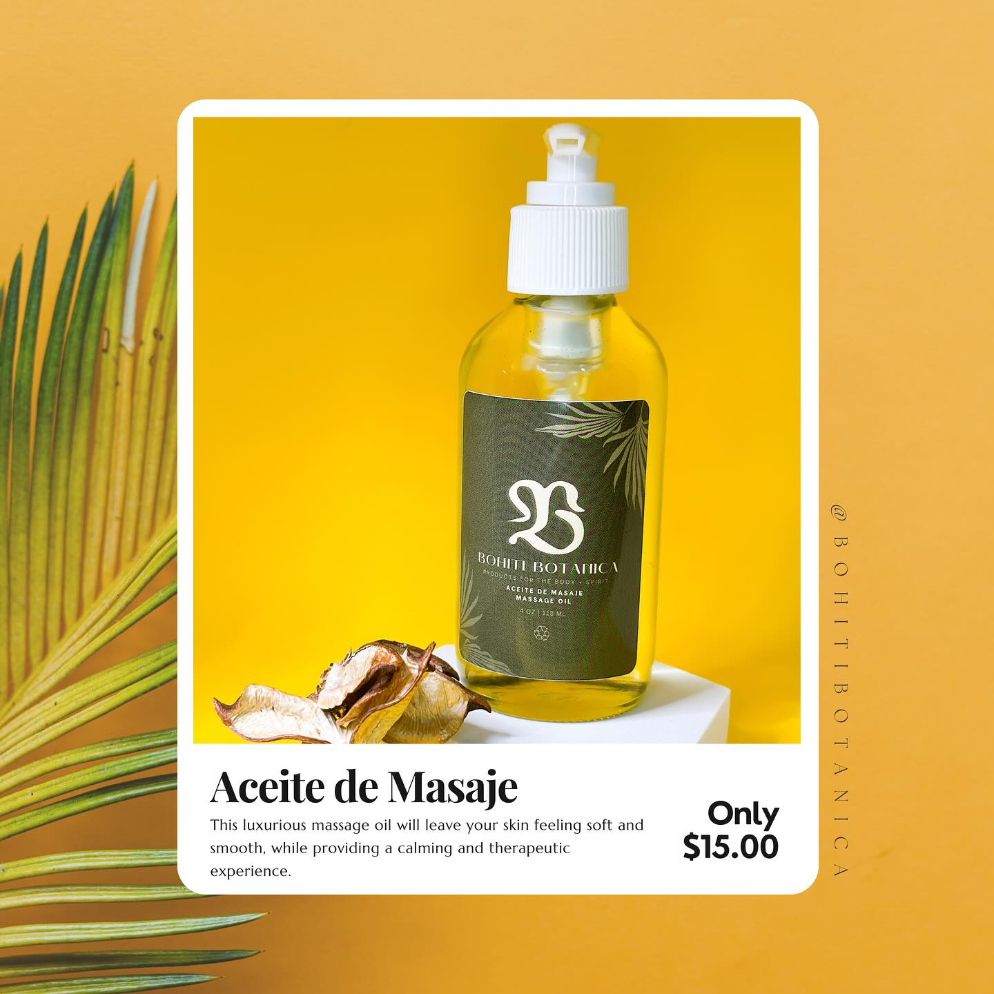 🌿✨ Unwind in the embrace of nature with Bohiti Botánica’s Aceite de Masaje! ✨🌿
Crafted with care from 100% natural ingredients, our massage oil is your new self-care essential. Indulge in the soothing blend of palo santo, coconut, vanilla, and lavender — each note promising to transport your senses to a serene paradise. 🥥🌼
Our luxurious formula combines sunflower, grapeseed, olive, and avocado oils, enriched with Vitamin E to nourish and soften your skin while you relax and rejuvenate. 🌟
🍃 Experience the pure bliss of our Aceite de Masaje and treat yourself to a sustainable, calming, and therapeutic escape. 🛁💆♀️
#BohitiBotanica #NaturalBeauty #SelfCareSunday #MassageOil #EcoFriendlyBeauty #RelaxationTime