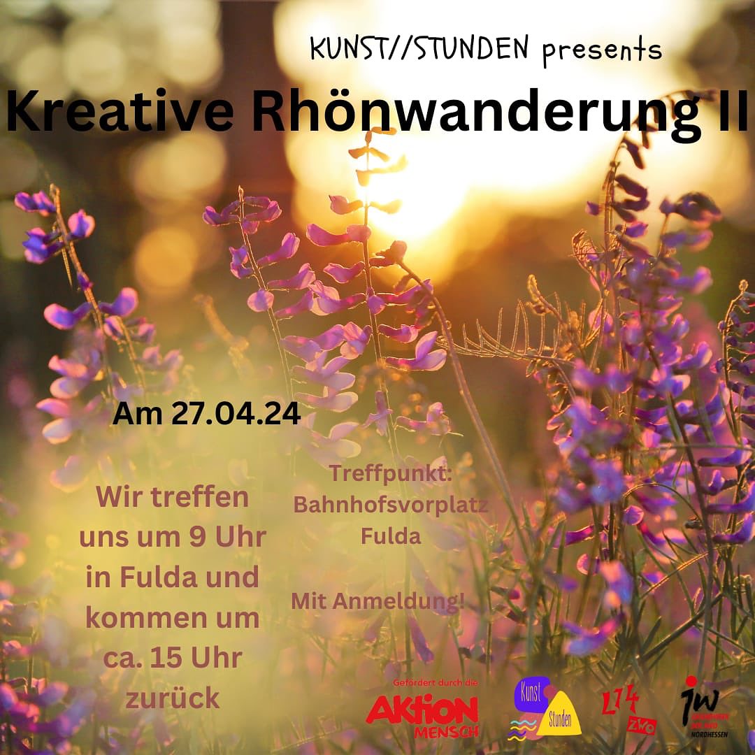 Komm mit auf eine schöne Frühlingswanderung!
Wir entdecken verschiedene Ökosysteme der Rhön bei einer Laufstrecke von ca. 1,5 Stunden. Während unserer geführten Route kommen Themen wie Artenvielfalt, Klimawandel sowie die Geschichte der ehemaligen innerdeutschen Grenze zur Sprache. Zwischendurch aktivieren wir unsere Sinne bei verschiedenen Aktionen. Wir lassen uns von der blühenden Natur und schönen Aussichten inspirieren, um vor Ort kreativ zu werden.
Das brauchst du für die Tour:
* Wetterfeste Kleidung & gutes Schuhwerk
* Rucksack mit ausreichender Verpflegung für einen ganzen Wandertag (z.B. Trinkflasche, Pausenbrot, Müsliriegel, Apfel & Banane...)
Treffpunkt ist um 9 Uhr am Bahnhofsvorplatz in Fulda (Abfahrt 9:20h). Die voraussichtliche Rückankunft in Fulda ist gegen 15 Uhr.
Anmeldeschluss ist der 25.04.2024
Wenn du dabei sein willst, schreib uns hier eine Nachricht.
Wir freuen uns! :)
PS: Das Angebot ist kostenfrei und Fahrtkosten können erstattet werden. Die Tour findet nur bei gutem Wetter statt.