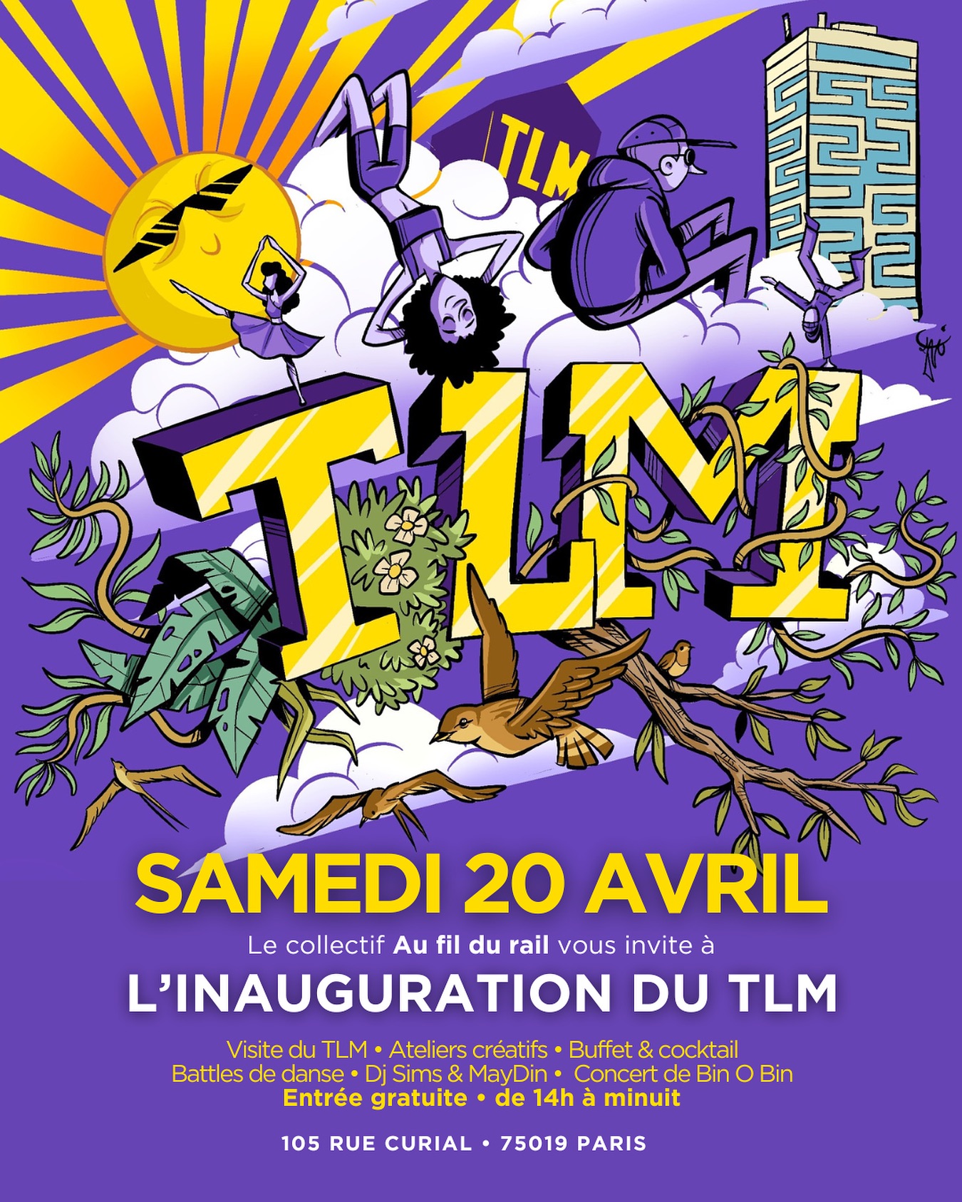 Les Ami(e)s des Couleurs ! Après s’être refait une beauté, le TLM a rouvert ses portes !
- PROGRAMME -
de 14h à 17h30 : Visite des lieux, Rencontres avec les acteurs locaux, Ateliers créatifs, Buffet Mam’Ayoka, Battles de danse, DJ MayDin
de 17h30 à 18h : Prises de parole
à partir de 18h : Cocktail, Concert de Bin O Bin, DJ Sims... et place à la fête !
A très vite !
@tlm_aufildurail #letlm #75019 #lieuinspirant #lieuassociatif #feteaparis