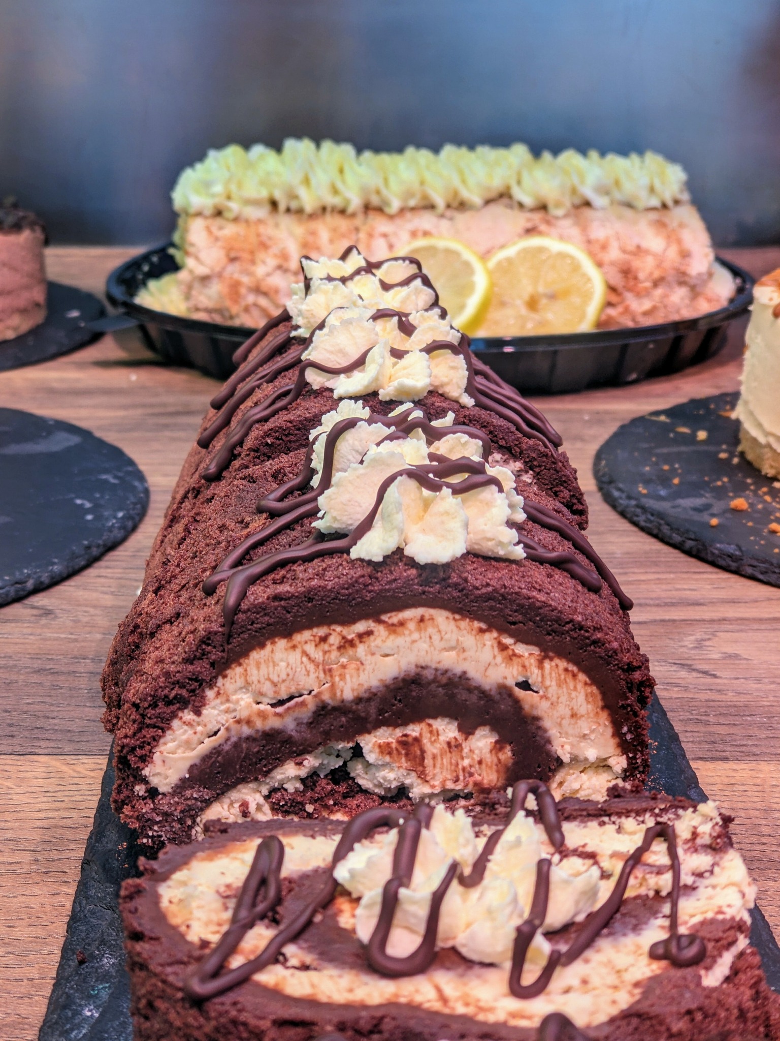 We have started making Almond & Lemon Meringue and Chocolate Roulades again! Hopefully we will have some left for our lunch, but at the rate it's going, it is not looking likely!