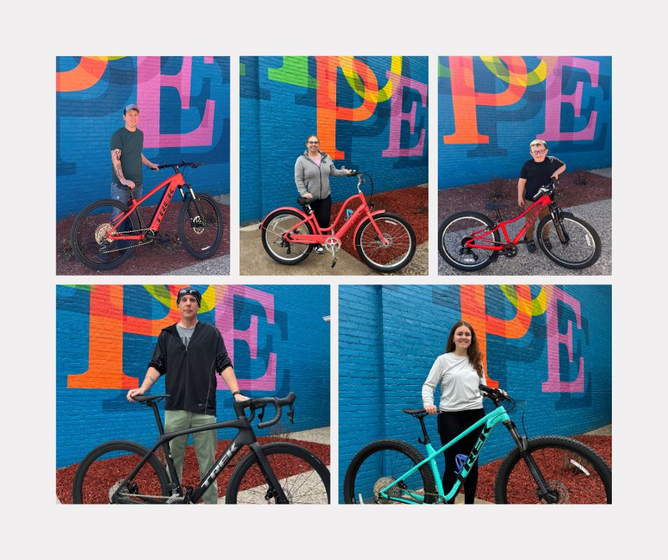 NEW BIKE DAY!
Top left: Robert upgraded to this new Trek Powerfly 4 electric mountain bike, with a Bosch power system heās ready for anything.
Top middle: Dayna chose this Townie Go! for its more relaxed riding position and the fun + fabulous guava paint color.
Top right: Jackson is ready for 906 Adventure Team this summer on his new Trek Precaliber 24. Weāre excited to Bike Club with you, Jackson!
Bottom left: Gabe has been on a mission for the last year with massive miles and strength gains, his reward is Domane SLR with AXS wireless shifting and a power meter to measure those watts!
Bottom right: Thereās nothing 906 Adventure Team, local trails, or beyond that Elena canāt handle with her new Trek Roscoe 7. A color-coordinated helmet was not optional!