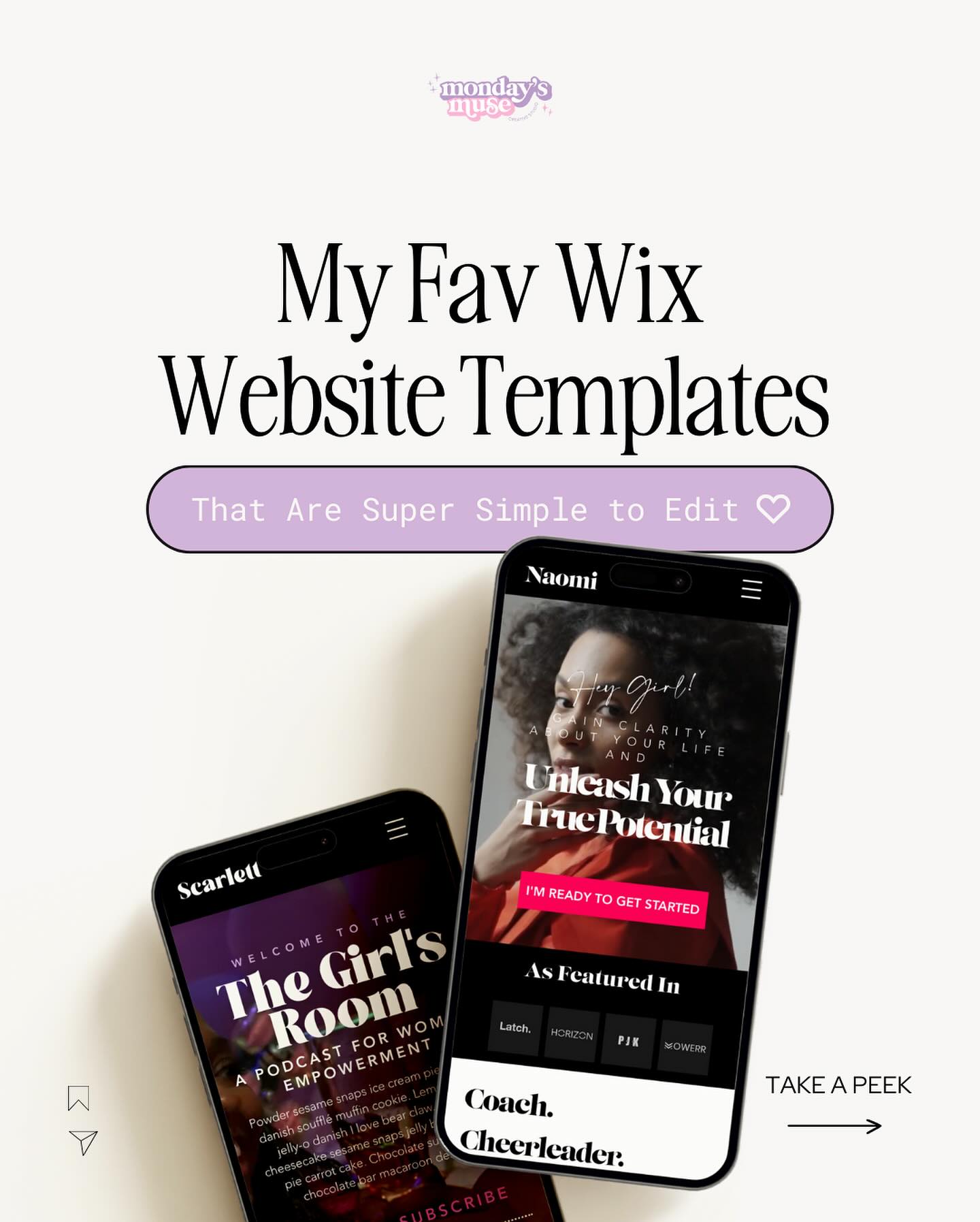 What I absolutely love about my templates is how freakin’ easy they are to edit and make your own.
And not to toot my own horn, but they might just be some of the best Wix website template out there. 🥹
My personal faves? Well Naomi, because she’s my first one and the first cut is the deepest right? I thought about retiring her, but nah, she deserves a glow-up instead! So keep an eye out for that if she’s also your fav. And then there’s Shai - that pink with a splash of retro? Obsessed 😍
Oh and I can’t forget the best part. Now, all website template purchases come with 50+ page website planning guide because I literally want all of you to win
Talk soon
#itsmondaysmuse
#websitetemplate #wixwebsite
