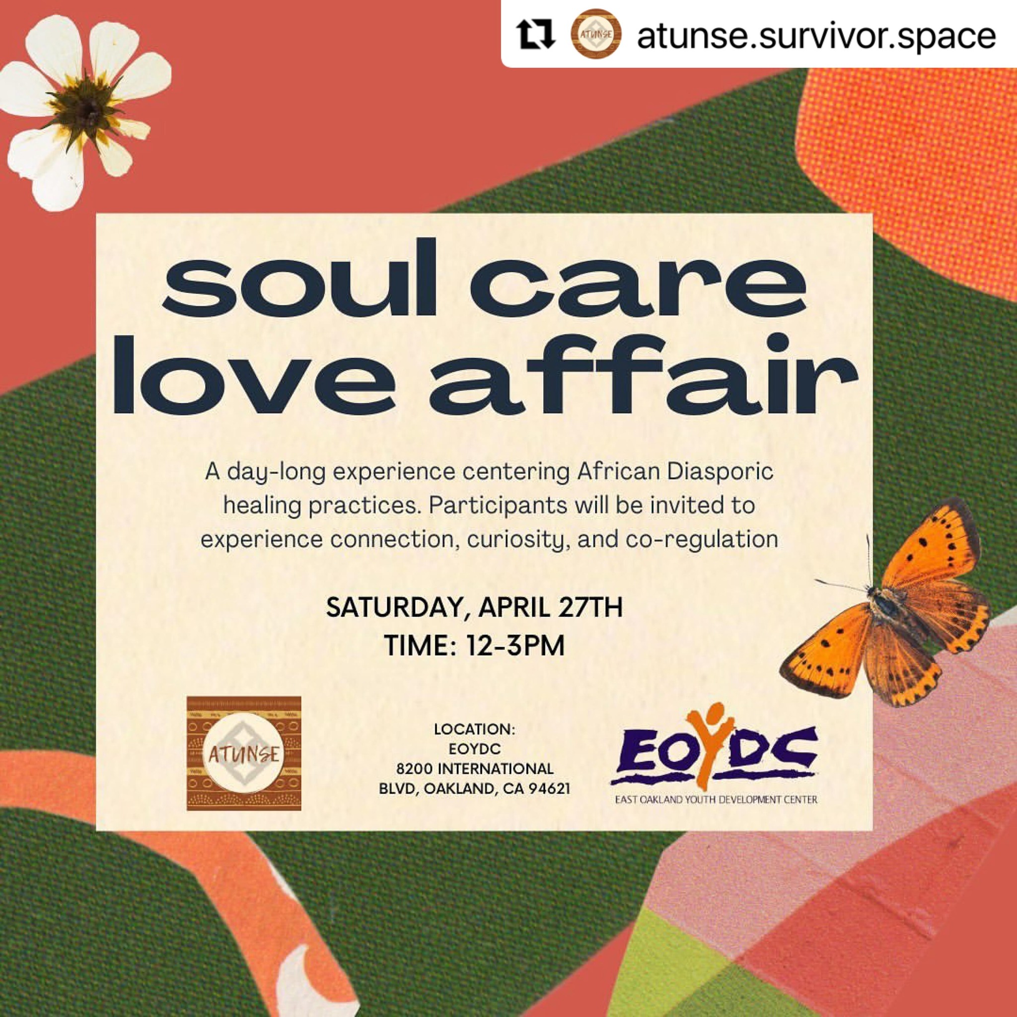 #Repost @atunse.survivor.space with @use.repost
・・・
SOUL CARE LOVE AFFAIR is FREE a day-long experience centering African Diasporic healing practices. Participants will be invited to experience connection, curiosity, and co-regulation.
ATUNSE means Repair/Restore in Yoruba. This is BAWAR’s commitment to Black/African Diasporic survivors in Alameda County.Our goal is to build up a network of healers across modalities and spiritual practices to provide services for survivors both individually and in groups.
For more information on future workshops and gatherings please sign up for our Newsletter & click “The ATUNSE Project”
https://bawar.org/connect/
✨Sound medicine from @7000coils
Vendors:
🌿 @hellajuiced510
🌿 @eyemanifest
🌿 @templeofearth
Community Resource tables:
💞 @bawar1971
💞 @radicallyfitoakland
💞 @dreamyouthclinic
#ATUNSE #TheATUNSEProject #BAWAR #BlackSurvivors #BlackHealers #AfroDiaspora #CommunityCare
