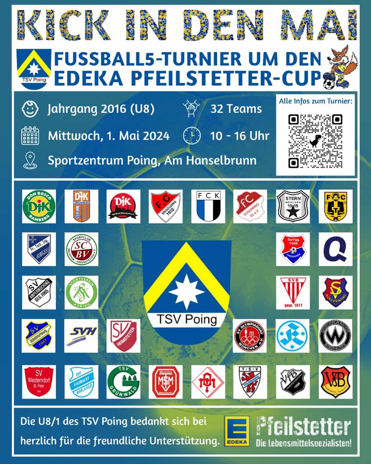 Eines der GRÖSSTEN Turniere des TSV Poing jemals!!🤫
Kommt vorbei für unser Fußball 5 Turnier der 2016er mit tatkräftiger Unterstützung der A-Jugend.
Wir freuen uns auf euch😁🔵🟡