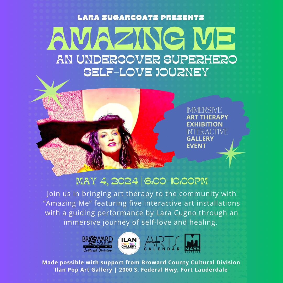 We’re proud to announce our gallery has been once again sponsored by Broward County (@browardarts) with artist @larasugarcoats !
Amazing Me’ is an immersive and interactive gallery event dedicated to promoting mental health awareness and fostering healing for those who have experienced trauma. This unique sensory experience is designed to illuminate the path to recovery, conveying the powerful message that even in the darkest moments, light can be discovered.This project empowers individuals to realize they are not alone on their journey, surrounded by a community that loves, treasures, and values them.
Join us for this art event on Saturday, May 4th & experience new art installations & live performances. Hope to see you there 🥳💜🎨🎶
#artexhibition #arttherapy #artinstallation #fortlauderdale #browardarts #southfloridaart #artgallery #artevents #browardartscalendar