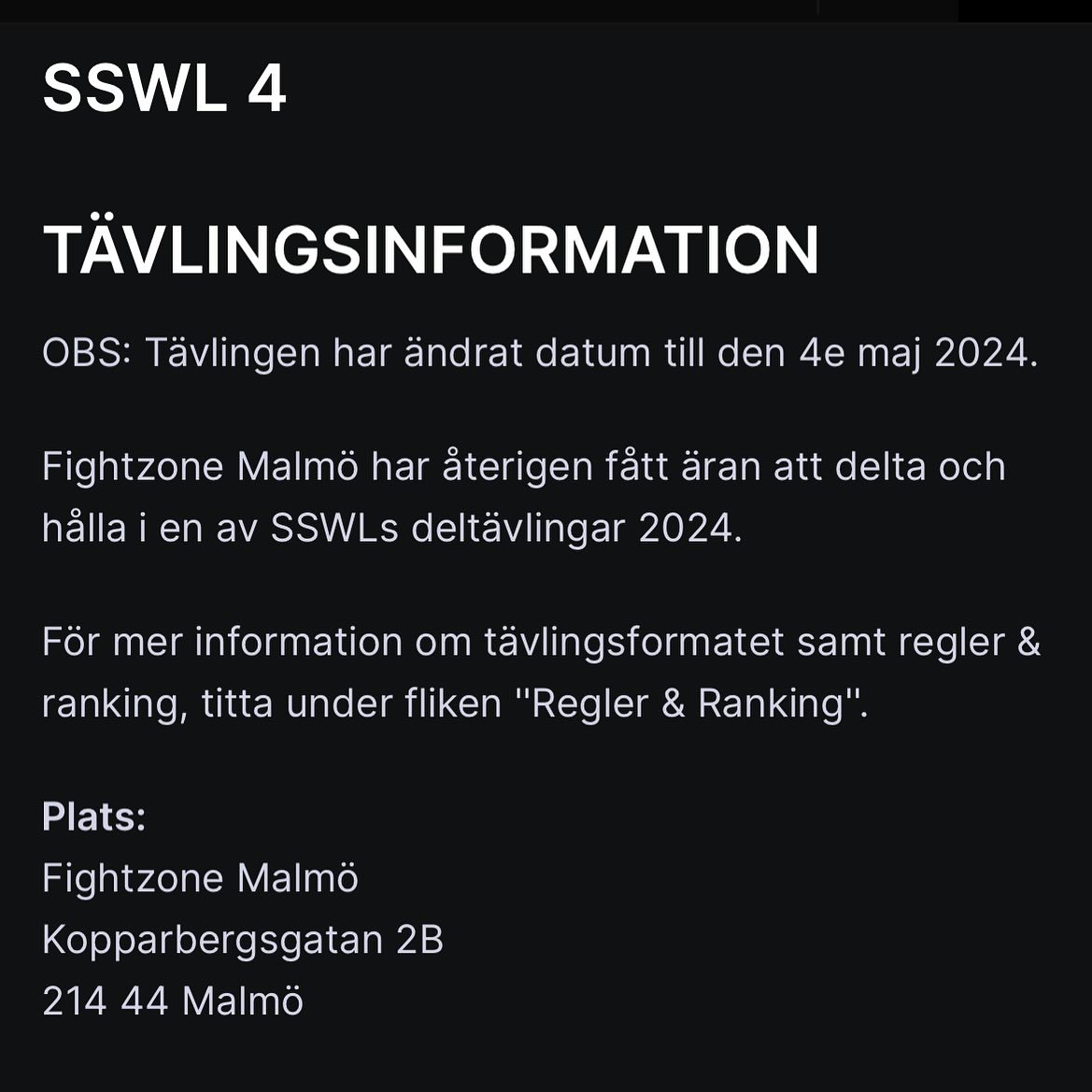 SSWL 4
4/5 arrangerar @fightzone_malmo sin deltävling.
Anmälan ligger öppen på Smoothcomp.