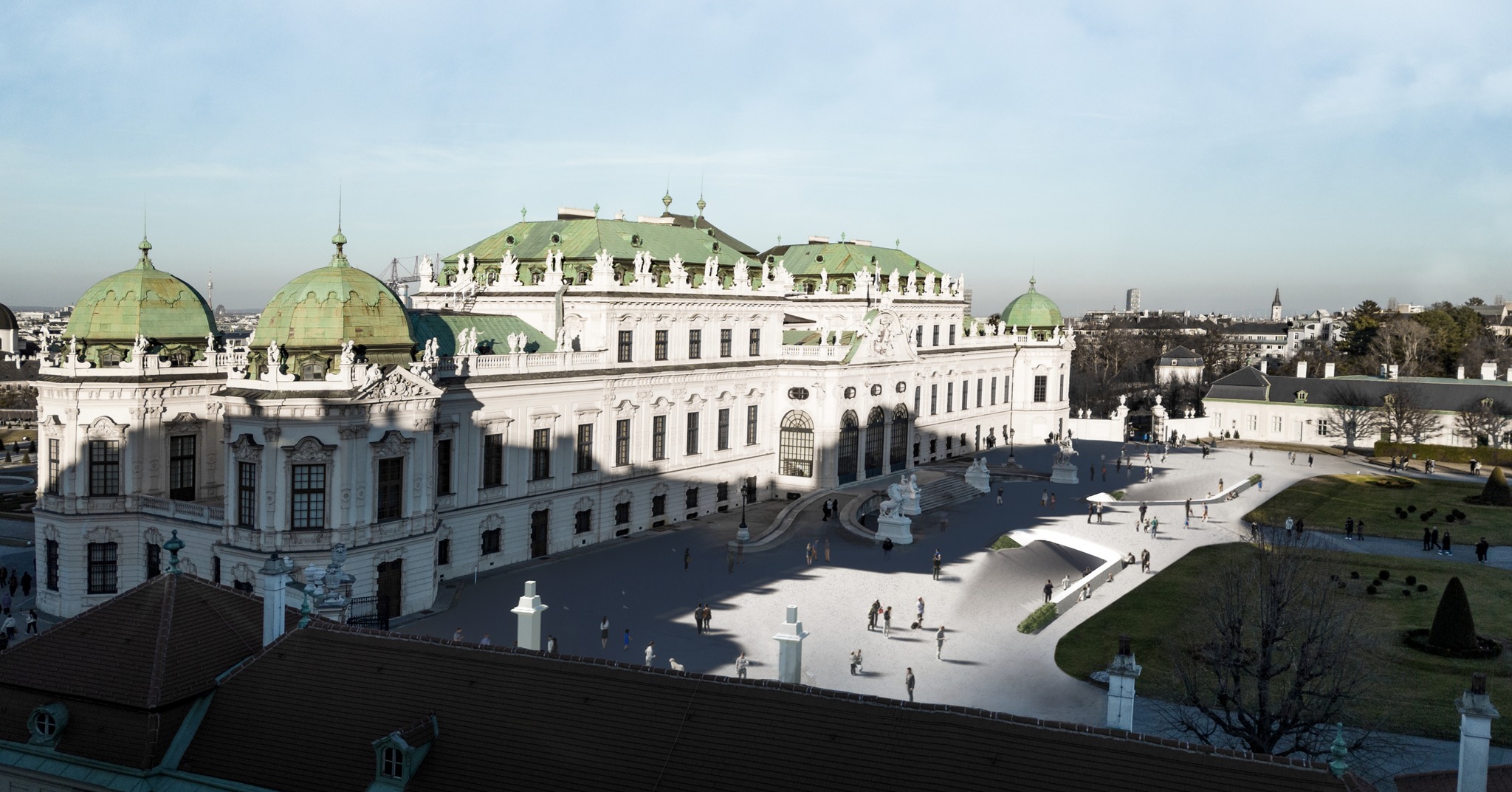 Our contribution to the competition for the new underground visitor centre of the Upper Belvedere.
2024
"Eine architektonische Lösung in diesem bedeutenden Bau von Johann Lukas von Hildebrandt kann nur in einem achtsamen, dialoghaften Vorgehen bestehen. Die Symmetrie muss bewahrt bleiben, um die auf das Nötigste beschränkten Eingriffe nicht als Fremdkörper erscheinen zu lassen. Die Verbindung der Ein- und Ausgänge mit den baubehördlich notwendigen Fluchtwegen wird dem gerecht, wobei gleichzeitig durch eine sanfte plastische Geländewölbung ein repräsentatives Entre´ geschaffen wird. Auf der präzise situierten Geländekante wird eine reliefartige Sitzstufe als normgerechte Absturzsicherung im harmonisch gesetzten Schwung in Bezug zur Rampe des Belvederes gesetzt. Einer Broderie ähnlich ragt diese lediglich 20cm aus dem Parkniveau. Dieser architektonische Eingriff ist von den südlichen und westlichen Portalen kaum sichtbar und verändert dadurch die bekannten Photomotive nicht. Beim Herangehen jedoch erscheint die Eingangssituation zunehmend, was die Orientierung ohne aufwendiges Leitsystem ermöglicht.
Der Innenraum des Visitor Centers wird durch eine ebenfalls symmetrische, großzügige Halle geformt. Der Zutritt erfolgt über die Galerieebene, von welcher aus ein achsialer Blick auf die kaskadenförmige Treppenanlage ins Belvedere gegeben ist. Eine aufgefächerte Schalenkonstruktion, ausgehend von dem Bestandsgewölbe, erzeugt eine visuelle Sogwirkung und verdeutlicht den Besucher*Innen die Wegführung. Die seitlichen Säulentrakte, welche mit gevouteten Kasettendecken überspannt sind, gliedern die jeweiligen Funktionsbereiche, welche nach der Sicherheitskontrolle auf der Galerie über eine großzügige Treppe erreichbar sind."
#visitorcenterbelvedere
#belvederevisitorcenter #BelvedereMuseum #Research #BelvedereUnderground #PalaceInvitation #ArchitecturalCompetition #DesignInspiration #CulturalHeritage #UrbanExploration #ArtandArchitecture #InnovativeDesign #architecture #vienna