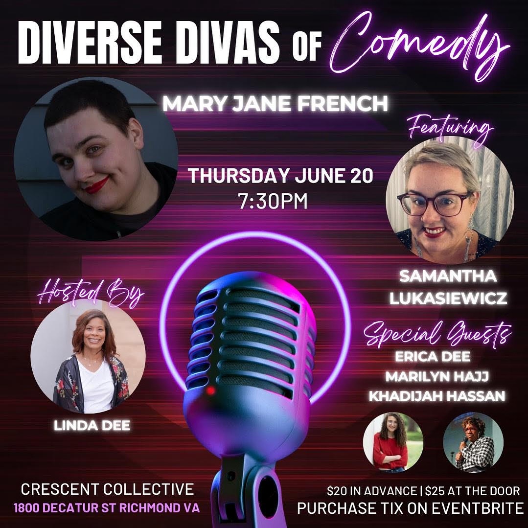 Join us for another laughter-filled celebration of women as a stellar lineup of fierce and funny female comedians takes the stage!
June 20th @ 7:30pm
Prepare for an unforgettable evening of laughter, entertainment, and a celebration of the incredible talent that women bring to the stand-up comedy scene. From side-splitting anecdotes to witty observations about everyday life, these funny ladies will keep you laughing all night long.
This all-female lineup is led by Mary Jane French, and also includes Samantha Lukasiewicz, Marilyn Hajj, Erica Dee, Khadijah Hassan, and host Linda Dee.
Go to the event page on our website to get more information and grab your ticket!
.
.
.
#rva #richmondva #rvacomedy #rvaevents
