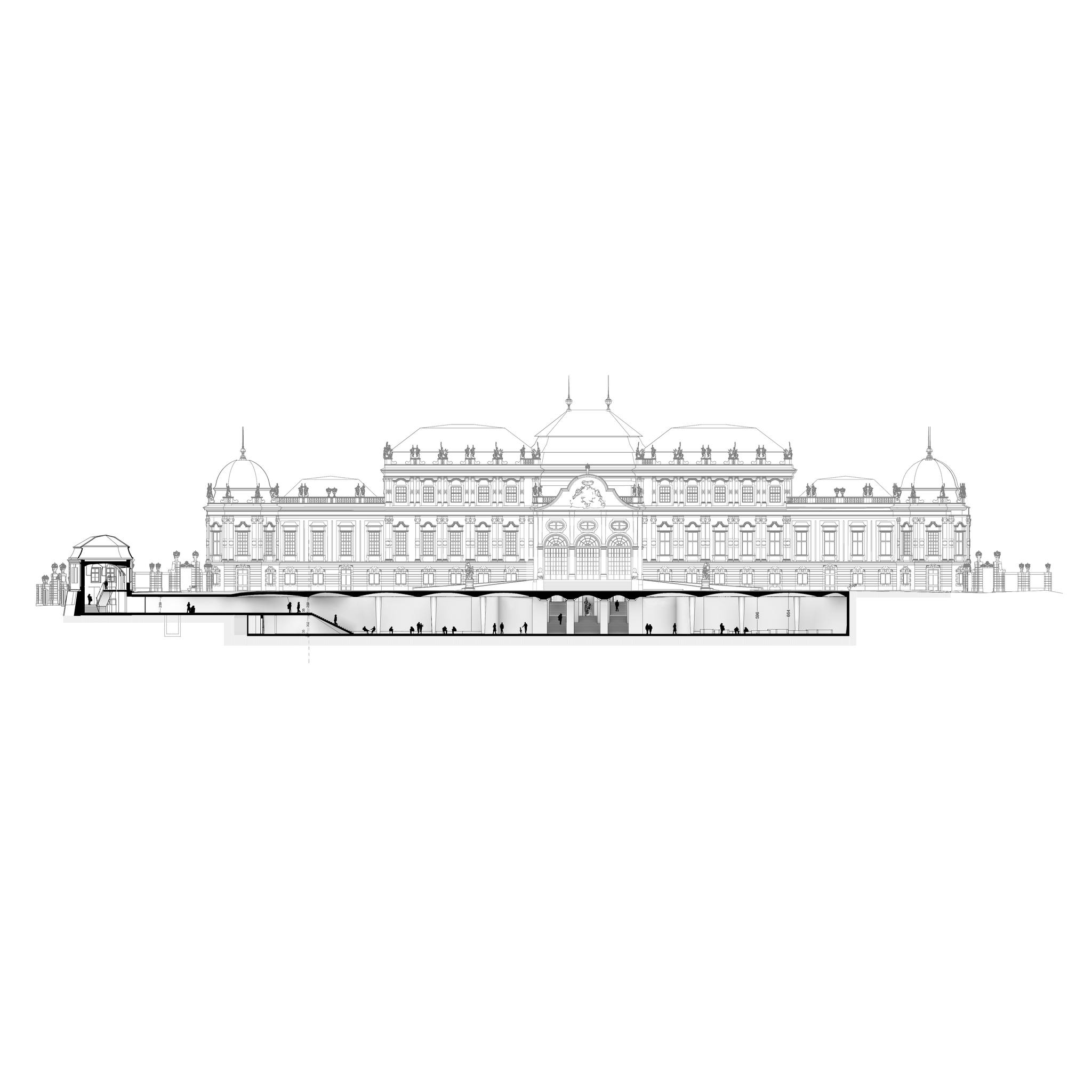 "An architectural solution in this significant building by Johann Lukas von Hildebrandt can only be achieved through a careful, dialogical approach. Symmetry must be preserved to prevent the interventions, limited to the essentials, from appearing as foreign elements. Connecting the entrances and exits with the building code-required escape routes fulfills this requirement, while simultaneously creating a representative entrance through a gentle, sculptural terrain elevation. Positioned precisely on the edge of the terrain, a relief-like seating step serves as compliant edge protection, harmoniously integrated with the curve of the Belvedere's ramp. Resembling embroidery, it protrudes only 20cm from the park level, remaining barely visible from the southern and western portals and thus preserving the familiar photographic motifs. However, upon approach, the entrance situation becomes increasingly apparent, facilitating orientation without the need for an elaborate signage system.
The interior of the Visitor Center is shaped by an equally symmetrical, spacious hall. Access is granted via the gallery level, providing an axial view of the cascading staircase leading to the Belvedere. A fan-shaped shell construction, originating from the existing vault, creates a visual pull and clarifies the pathway for visitors. The lateral column tracts, spanned by vaulted coffered ceilings, delineate the respective functional areas, accessible via a generous staircase from the gallery after passing through security checks."
#visitorcenterbelvedere
#belvederevisitorcenter #BelvedereMuseum #Research #BelvedereUnderground #PalaceInvitation #ArchitecturalCompetition #DesignInspiration #CulturalHeritage #UrbanExploration #ArtandArchitecture #InnovativeDesign #architecture #vienna