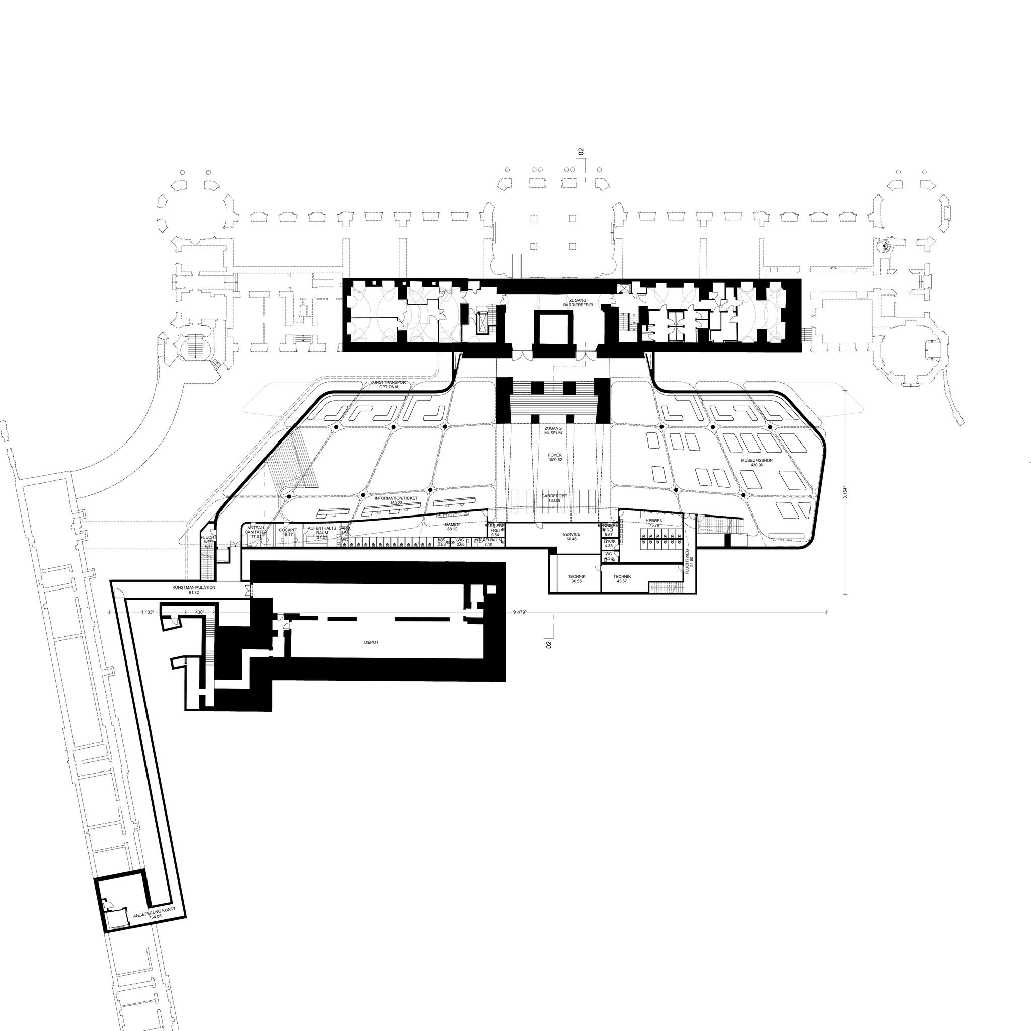 Our contribution to the competition for the new underground visitor centre of the Upper Belvedere.
2024
"Eine architektonische Lösung in diesem bedeutenden Bau von Johann Lukas von Hildebrandt kann nur in einem achtsamen, dialoghaften Vorgehen bestehen. Die Symmetrie muss bewahrt bleiben, um die auf das Nötigste beschränkten Eingriffe nicht als Fremdkörper erscheinen zu lassen. Die Verbindung der Ein- und Ausgänge mit den baubehördlich notwendigen Fluchtwegen wird dem gerecht, wobei gleichzeitig durch eine sanfte plastische Geländewölbung ein repräsentatives Entre´ geschaffen wird. Auf der präzise situierten Geländekante wird eine reliefartige Sitzstufe als normgerechte Absturzsicherung im harmonisch gesetzten Schwung in Bezug zur Rampe des Belvederes gesetzt. Einer Broderie ähnlich ragt diese lediglich 20cm aus dem Parkniveau. Dieser architektonische Eingriff ist von den südlichen und westlichen Portalen kaum sichtbar und verändert dadurch die bekannten Photomotive nicht. Beim Herangehen jedoch erscheint die Eingangssituation zunehmend, was die Orientierung ohne aufwendiges Leitsystem ermöglicht.
Der Innenraum des Visitor Centers wird durch eine ebenfalls symmetrische, großzügige Halle geformt. Der Zutritt erfolgt über die Galerieebene, von welcher aus ein achsialer Blick auf die kaskadenförmige Treppenanlage ins Belvedere gegeben ist. Eine aufgefächerte Schalenkonstruktion, ausgehend von dem Bestandsgewölbe, erzeugt eine visuelle Sogwirkung und verdeutlicht den Besucher*Innen die Wegführung. Die seitlichen Säulentrakte, welche mit gevouteten Kasettendecken überspannt sind, gliedern die jeweiligen Funktionsbereiche, welche nach der Sicherheitskontrolle auf der Galerie über eine großzügige Treppe erreichbar sind."
#visitorcenterbelvedere
#belvederevisitorcenter #BelvedereMuseum #Research #BelvedereUnderground #PalaceInvitation #ArchitecturalCompetition #DesignInspiration #CulturalHeritage #UrbanExploration #ArtandArchitecture #InnovativeDesign #architecture #vienna