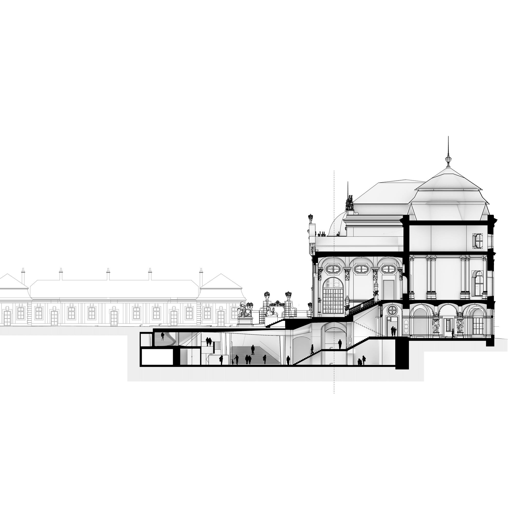 Our contribution to the competition for the new underground visitor centre of the Upper Belvedere.
2024
"Eine architektonische Lösung in diesem bedeutenden Bau von Johann Lukas von Hildebrandt kann nur in einem achtsamen, dialoghaften Vorgehen bestehen. Die Symmetrie muss bewahrt bleiben, um die auf das Nötigste beschränkten Eingriffe nicht als Fremdkörper erscheinen zu lassen. Die Verbindung der Ein- und Ausgänge mit den baubehördlich notwendigen Fluchtwegen wird dem gerecht, wobei gleichzeitig durch eine sanfte plastische Geländewölbung ein repräsentatives Entre´ geschaffen wird. Auf der präzise situierten Geländekante wird eine reliefartige Sitzstufe als normgerechte Absturzsicherung im harmonisch gesetzten Schwung in Bezug zur Rampe des Belvederes gesetzt. Einer Broderie ähnlich ragt diese lediglich 20cm aus dem Parkniveau. Dieser architektonische Eingriff ist von den südlichen und westlichen Portalen kaum sichtbar und verändert dadurch die bekannten Photomotive nicht. Beim Herangehen jedoch erscheint die Eingangssituation zunehmend, was die Orientierung ohne aufwendiges Leitsystem ermöglicht.
Der Innenraum des Visitor Centers wird durch eine ebenfalls symmetrische, großzügige Halle geformt. Der Zutritt erfolgt über die Galerieebene, von welcher aus ein achsialer Blick auf die kaskadenförmige Treppenanlage ins Belvedere gegeben ist. Eine aufgefächerte Schalenkonstruktion, ausgehend von dem Bestandsgewölbe, erzeugt eine visuelle Sogwirkung und verdeutlicht den Besucher*Innen die Wegführung. Die seitlichen Säulentrakte, welche mit gevouteten Kasettendecken überspannt sind, gliedern die jeweiligen Funktionsbereiche, welche nach der Sicherheitskontrolle auf der Galerie über eine großzügige Treppe erreichbar sind."
#visitorcenterbelvedere
#belvederevisitorcenter #BelvedereMuseum #Research #BelvedereUnderground #PalaceInvitation #ArchitecturalCompetition #DesignInspiration #CulturalHeritage #UrbanExploration #ArtandArchitecture #InnovativeDesign #architecture #vienna