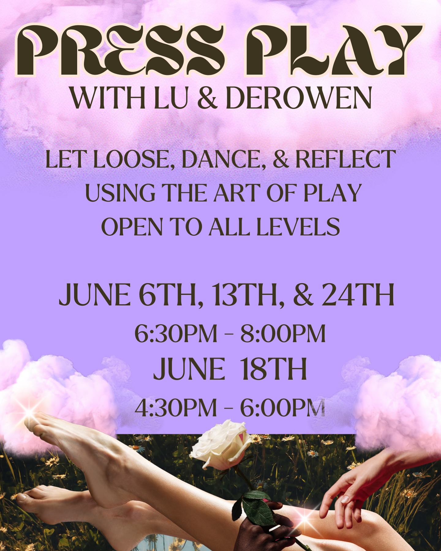 🚨NEW CLASS🚨
Press Play: Come along and “Press Play”! In this class, you are invited to say “hello” to your body’s creativity whether your hands are confidently on the start button or this is your first time gettin’ silly! By using self-touch, you will be guided into your unique flavor of play, release, presence, awareness, and artistic expression.
Improvisational dance, reflective journaling, guided meditations, or choreographic explorations act to inspire curiosity, community, and conversation. Play allows us to intuitively explore ourselves and most importantly, create intentional space to witness the body that we live in; exactly as it is. Sweat, laugh, and shout to celebrate, sit with, or just be! Smile from your whole body and get goofy with us!
Class Structure:
Get to know each other (circle activity/ check in)
Present the day’s concept (discussion/writing)
Move them bodies
Warm-up: Guided Meditation that builds to exploratory movement
Structured movement tasks; Embodied breakdown of the day’s concept
Play time! A game or dance that prioritizes the group connection
Reflect, Restore, Rest!
Instructors:
Derowen Cutchin (they/them) @flimsy.fox
Lucia Biondi (they/them) @tres.luccis