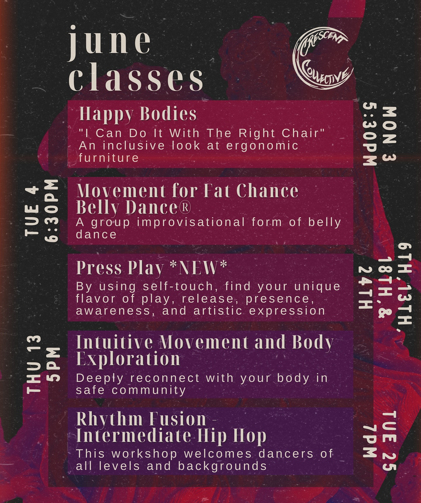Check out the fabulous classes scheduled for this month!
All are classes designed to bring out the joy in movement ❤️
You can read more about each class and register under the classes tab on our website. Preregistration is required!
.
.
.
#rva #richmondva #rvaevents #rvadance #fitrva #queerrva #queerrvaevents #gayrva