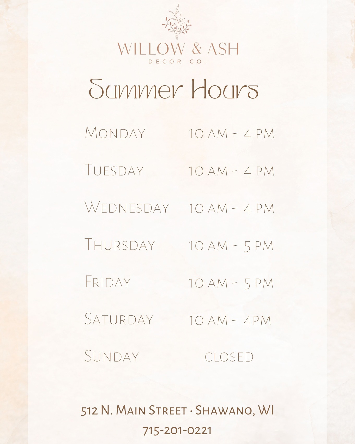 Our Summer Hours begin TODAY! ☀️
We are now open on Mondays 10:00am - 4:00pm!
Located at 512 N. Main Street in Shawano. Across from Cellcom & Glas Coffee.