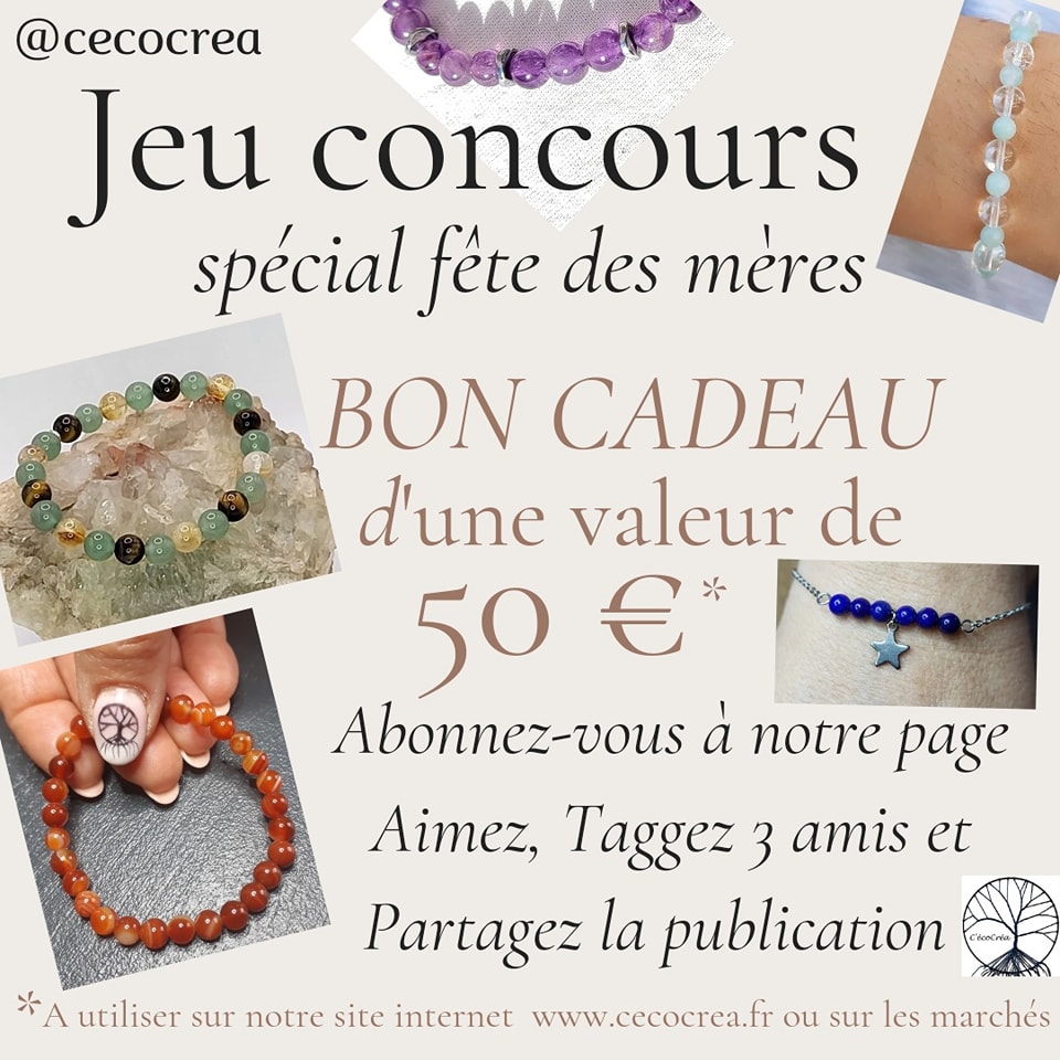 ✨️𝙹𝚎𝚞𝚡 𝚌𝚘𝚗𝚌𝚘𝚞𝚛𝚜 𝙵ê𝚝𝚎 𝚍𝚎𝚜 𝙼è𝚛𝚎𝚜✨️
Encore quelques jours pour participer... alors tentez votre chance pour gagner un bon cadeau d'une valeur de 50 euros !
Dernier jour d'inscription samedi 25 mai et tirage au sort dimanche 26 mai, jour de la fête des mères ❤️
𝙰 𝚐𝚊𝚐𝚗𝚎𝚛 𝚞𝚗 𝙱𝙾𝙽 𝙲𝙰𝙳𝙴𝙰𝚄
𝚍'𝚞𝚗𝚎 𝚟𝚊𝚕𝚎𝚞𝚛 𝚍𝚎
50 𝚎𝚞𝚛𝚘𝚜
à 𝚞𝚝𝚒𝚕𝚒𝚜𝚎𝚛 𝚜𝚞𝚛 𝚗𝚘𝚝𝚛𝚎 𝚜𝚒𝚝𝚎 𝚒𝚗𝚝𝚎𝚛𝚗𝚎𝚝 𝚠𝚠𝚠.𝚌𝚎𝚌𝚘𝚌𝚛𝚎𝚊.𝚏𝚛
𝚘𝚞 𝚜𝚞𝚛 𝚗𝚘𝚝𝚛𝚎 𝚜𝚝𝚊𝚗𝚍 à 𝚕'𝚘𝚌𝚌𝚊𝚜𝚒𝚘𝚗 𝚍'𝚞𝚗 𝚖𝚊𝚛𝚌𝚑é (𝙳𝚊𝚝𝚎 𝚎𝚝 𝚕𝚒𝚎𝚞 𝚜𝚞𝚛 𝚗𝚘𝚝𝚛𝚎 𝚜𝚒𝚝𝚎 𝚒𝚗𝚝𝚎𝚛𝚗𝚎𝚝)
𝙿𝚘𝚞𝚛 𝚙𝚊𝚛𝚝𝚒𝚌𝚒𝚙𝚎𝚛 𝚌'𝚎𝚜𝚝 𝚝𝚛é𝚜 𝚜𝚒𝚖𝚙𝚕𝚎 :
- 𝙰𝚋𝚘𝚗𝚗𝚎𝚣-𝚟𝚘𝚞𝚜 à 𝚗𝚘𝚝𝚛𝚎 𝚙𝚊𝚐𝚎,
- 𝙰𝚒𝚖𝚎𝚣,
- 𝚃𝚊𝚐𝚐𝚎𝚣 3 𝚊𝚖𝚒𝚜,
- 𝙿𝚊𝚛𝚝𝚊𝚐𝚎𝚣 𝚕𝚊 𝚙𝚞𝚋𝚕𝚒𝚌𝚊𝚝𝚒𝚘𝚗
𝙵𝚒𝚗 𝚍𝚎𝚜 𝚒𝚗𝚜𝚌𝚛𝚒𝚙𝚝𝚒𝚘𝚗𝚜 𝚕𝚎 𝚜𝚊𝚖𝚎𝚍𝚒 25 𝚖𝚊𝚒 2024
𝚃𝚒𝚛𝚊𝚐𝚎 𝚊𝚞 𝚜𝚘𝚛𝚝 𝚕𝚎 𝚍𝚒𝚖𝚊𝚗𝚌𝚑𝚎 26 𝚖𝚊𝚒
𝙱𝚘𝚗𝚗𝚎 𝚌𝚑𝚊𝚗𝚌𝚎 à 𝚝𝚘𝚞𝚜 😉
#cecocrea
#cecocreabijoux06
#bouclesdoreilles
#acierinoxydable #gemme
#madeinfrance
#faitmain
#pierresnaturelles
#pendentif
#collier
#fetedesmeres2024
#fetesdesmeres
#jeuxconcours