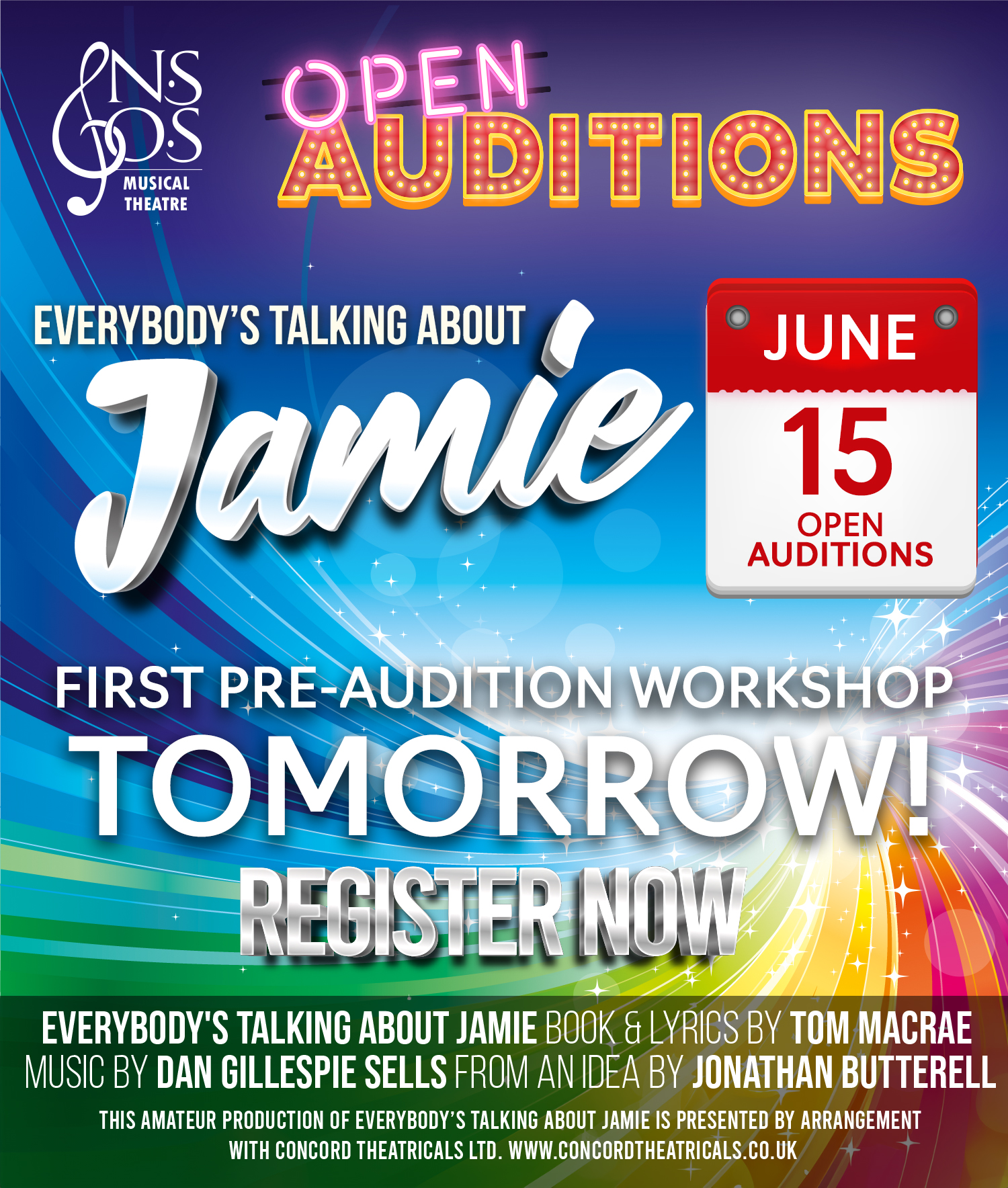 Out of the darkness, into the spotlight! Who's excited for our first pre-audition workshop for 'Everybody's Talking About Jamie'!? If you're not signed up, and you’re over the age of 16, do it now!! www.nsosltd.org/open-auditions and we'll see you tommorrow.
If you can't make tommorrow, don't panic, there's two more pre-audition workshops on 11th and 14th June ahead of the big day on 15th June.