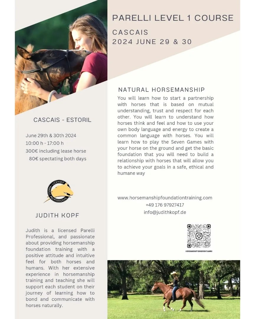 Looking forward to teaching a level 1 course in Cascais on the last weekend of June. We still have some open spots for participants with lease horse, just send me a message for more details.