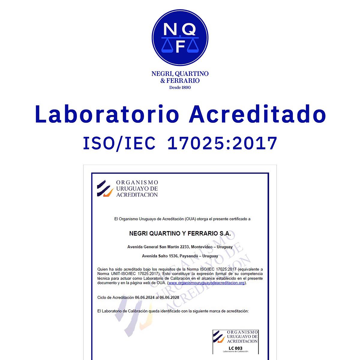 Nos alegra anunciar que nuestro Laboratorio de Calibraciones una vez más ha sido acreditado ISO/IEC 17025:2017 para balanzas y pesas, certificando así nuestra competencia técnica y fiabilidad de nuestros resultados.
Esta Acreditación es importante porque además de obtener resultados precisos y confiables, facilita la aceptación de nuestros análisis a nivel global por tener reconocimiento internacional.
Con este logro reforzamos nuestro compromiso con la mejora continua y la dedicación de nuestro equipo.
#NQF #Balanzas #Scales #ISO #ISO17025