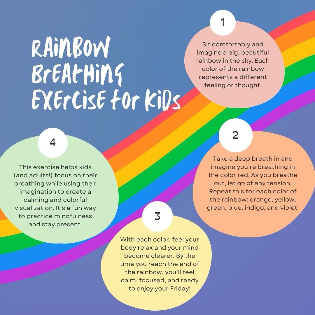 Find Your Focus! ✨
As we head into the weekend, let’s take a moment to find our focus and stay present. Here’s a fun and simple mindfulness exercise for kids to help them stay in the moment and end the week on a high note! 🌟
“Rainbow Breathing” Exercise 🌈
Step 1: Find Your Rainbow Colors Sit comfortably and imagine a big, beautiful rainbow in the sky. Each color of the rainbow represents a different feeling or thought.
Step 2: Breathe with Each Color Take a deep breath in and imagine you’re breathing in the color red. As you breathe out, let go of any tension. Repeat this for each color of the rainbow: orange, yellow, green, blue, indigo, and violet.
Step 3: Feel the Calm With each color, feel your body relax and your mind become clearer. By the time you reach the end of the rainbow, you’ll feel calm, focused, and ready to enjoy your Friday!
Why It Works: This exercise helps kids (and adults!) focus on their breathing while using their imagination to create a calming and colorful visualization. It’s a fun way to practice mindfulness and stay present.
🌈✨ Try Rainbow Breathing today and share your experience with us! Let’s end the week with calm minds and happy hearts. Have a fantastic Feel-Good Friday!
#FeelGoodFriday #MindfulnessForKids #NextLevelUp #RainbowBreathing #StayPresent