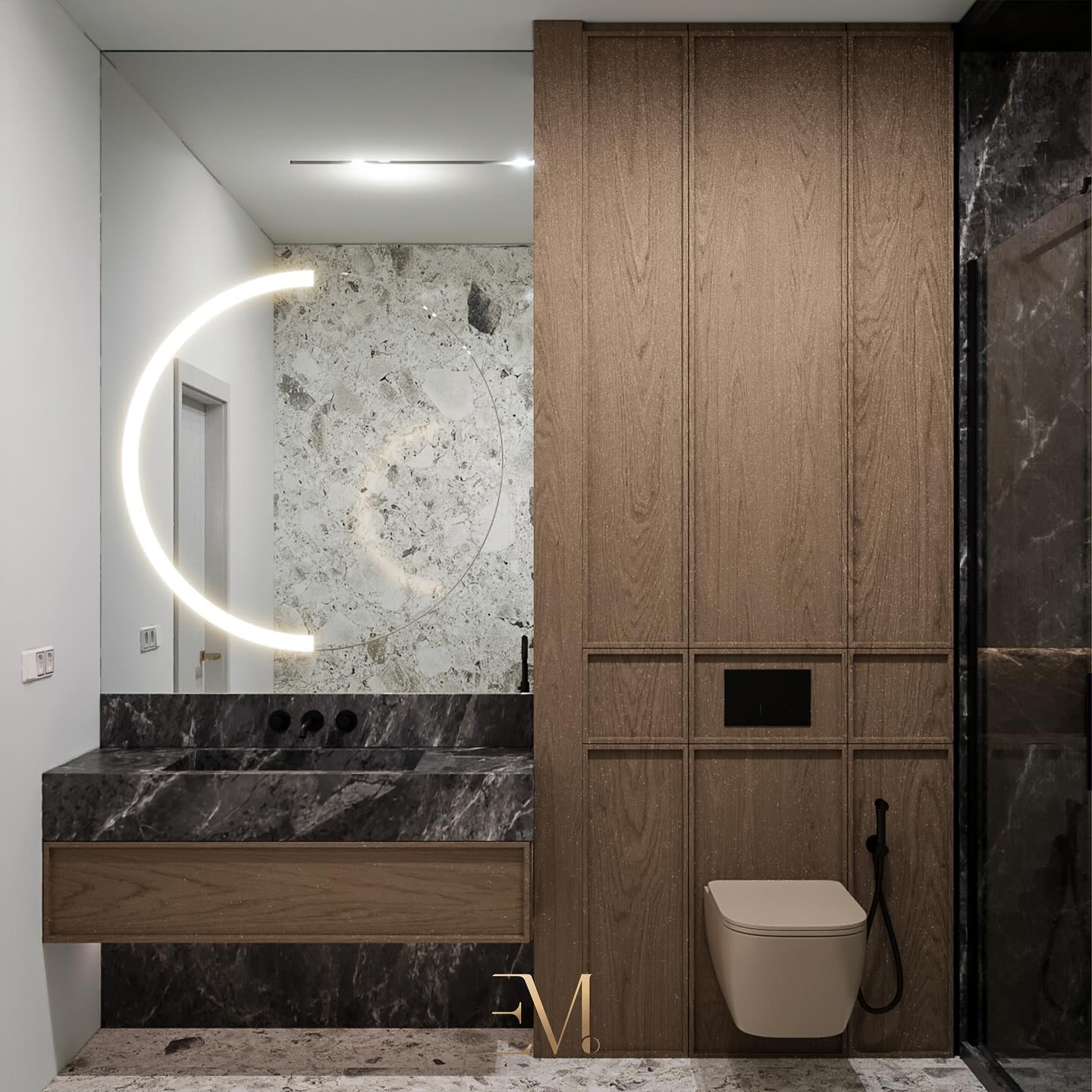 Elegance and soft minimalism define our BDivo project, where contrasts and sophistication blend seamlessly with soft curves and natural materials.
Today, we’re excited to reveal the luxurious bathroom a true home spa with a spacious walk-in shower featuring a raindrop head, and a freestanding bath. Finished with contrasting yet natural stone tiles and wood, this space radiates tranquility and boldness at one. 🌿🛁
Swipe to see the stunning stone sink, bespoke wooden closets, and the walk-in shower with Alaska white granite and black granite. The black steel fittings @axordesign , LED-lit mirror, ambient lighting, and natural veneer wood finishing highlight our modern, elegant style.
We’d love to hear your thoughts on bathroom design and functionality! Comment below with your preferences.
🏠 Apartment Size: 68 m²
📍 Location: Netherlands/Europe/Worldwide
☎️ Contact: +31 636111835
🌐 Website: emdotstudio.com
📩 Email: info@emdotstudio.com
#emdotstudio #gosiablum #BDivo #designinspiration #bathroom #interiordesign #interiorstyle #luxurydetails #luxurybathroom #beautifulinteriors #elegantinteriors #lixurylifestyle #modernclassic #calacattanatura #granite #naturalstone