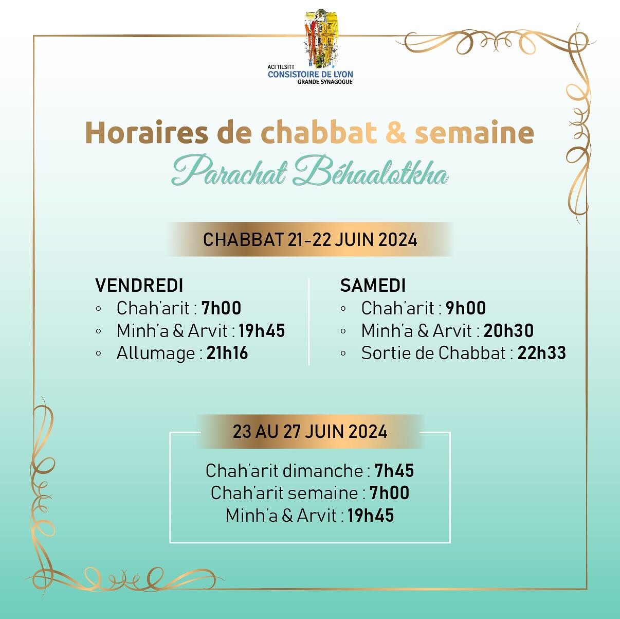 Horaires de Chabbat Behaaloteh’a à la Grande Synagogue de Lyon.
Chabbat chalom !
#grandesynagoguedelyon #acitilsitt
#horaireschabbat #chabbat #chabatchalom #communautejuive #juifs