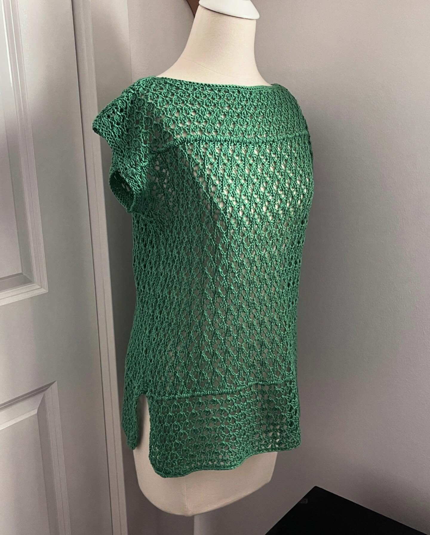 Pattern is called “Tove”. First garment. Made in cotton. Made this so I could wear something knitted during warmer weather. Phew, it fit!! 😅