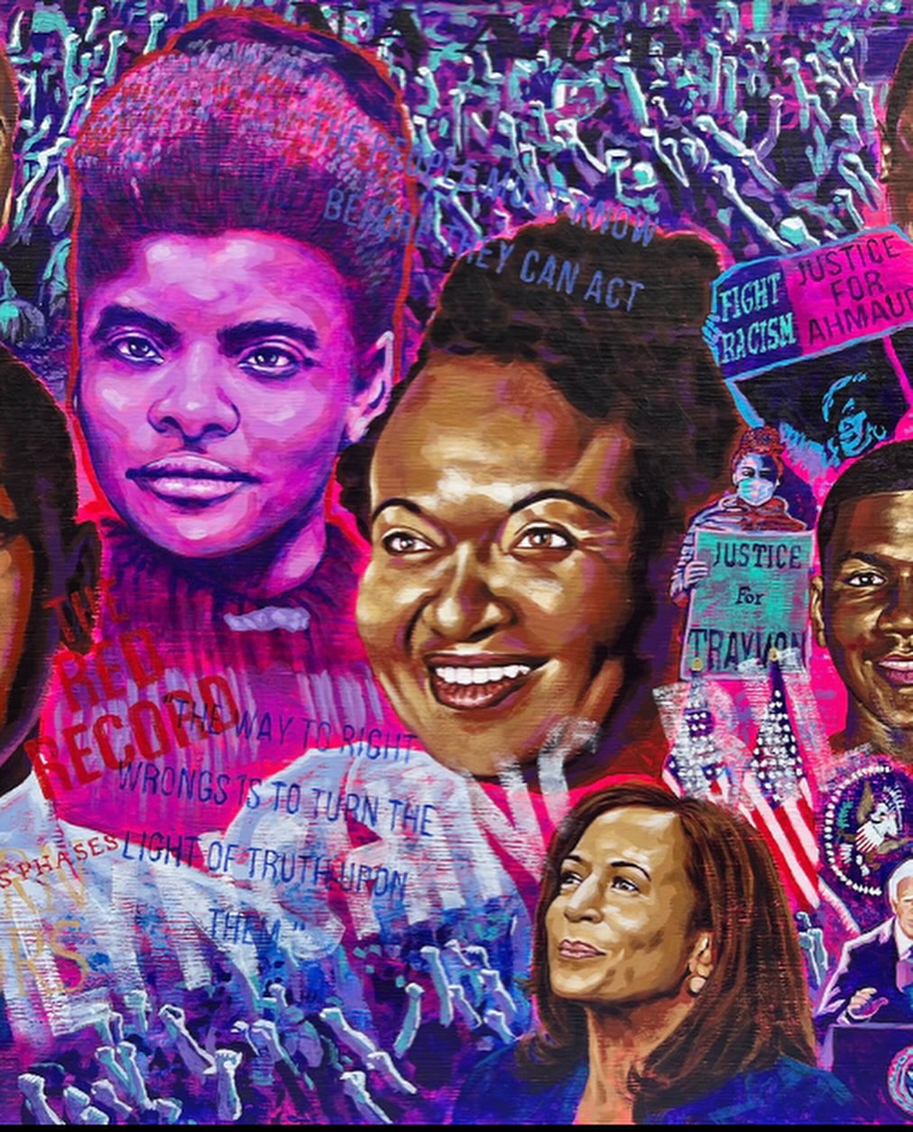 The history behind the anti-lynching bill is 150 plus years. Beginning with the writings of Ida B Wells and ending with Corey Booker and Kamala Harris getting the bill signed into law. The reason why the bill took so long to become law shows us all how strong the influence of white power still is in American politics. The painting is a salute to Emit Till, his mother, Eric Garner, Travon Martin, and George Floyd. Art can teach us history in the most beautiful way.