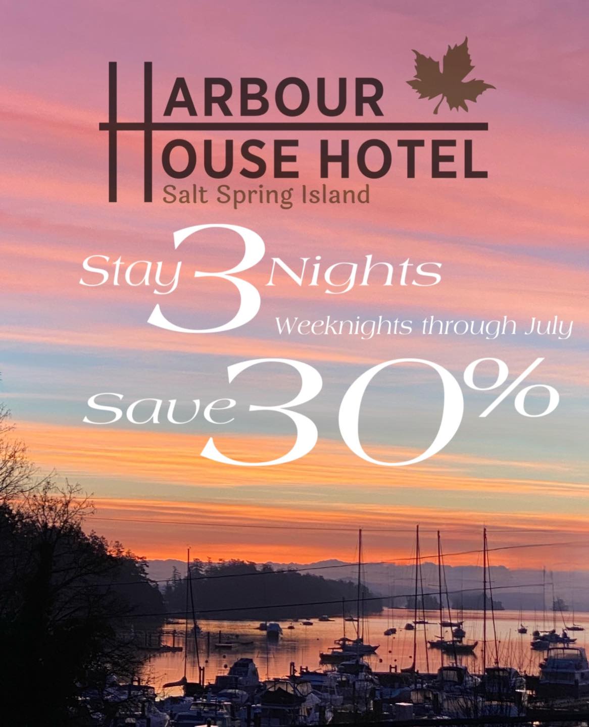 🏝️Escape to @southerngulfislands and save big on your weekday getaway🏝️
Looking for the perfect midweek retreat? 👀Look no further!
Book direct only , now through the end of July for stays til the end of August. 🏨
☎️ 1.250.537.4700
www.saltspringharbourhouse.com
Immerse yourself in the natural splendor of this picturesque island paradise. Indulge in the local cuisine, explore the unique shops and galleries, and discover the hidden gems of Salt Spring Island.
Our hotel offers luxurious accommodations, exceptional service, and a range of amenities to ensure your stay is nothing short of extraordinary. Relax in our comfortable rooms, dine on your private patio, book an in room massage or unwind with a rejuvenating spa treatment at @arbutusview_thermalspa Whatever your preference, we have everything you need for a memorable and relaxing stay.
Experience the magic of Salt Spring Island and create memories that will last a lifetime.
#EscapeToSaltSpringIsland #WeekdayPromotion #Save30Percent #harbourhousessi #farmtotable #localsalt #woodleysssi
* applicable for new direct booked reservations only