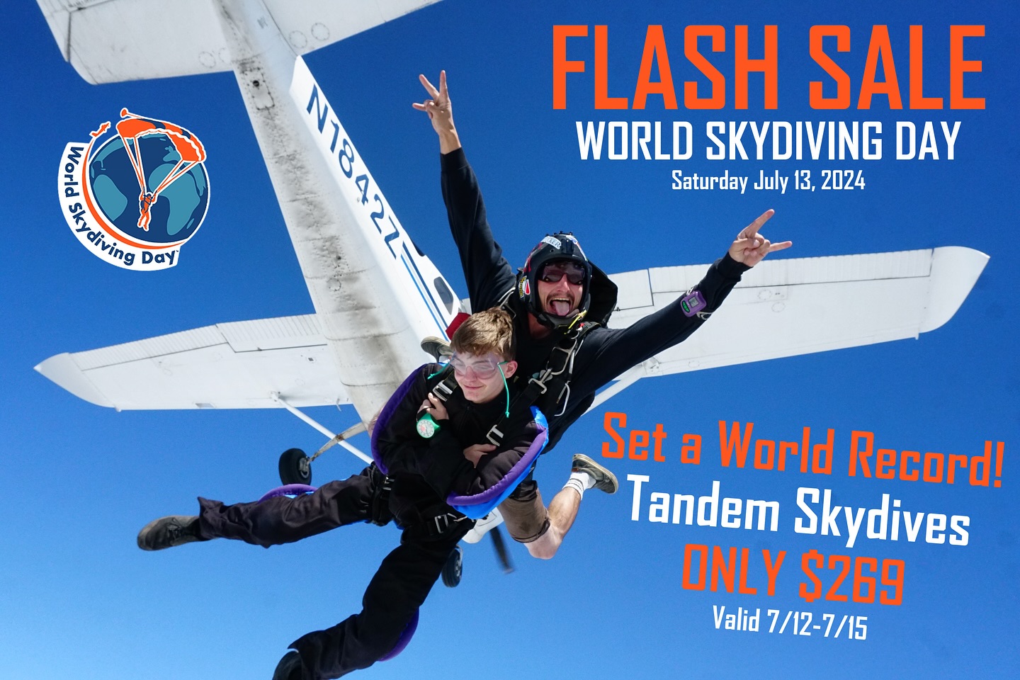 Be a part of history! Join the excitement of World Skydiving Day this Saturday, July 13. To help you be a part of breaking the world record for the most skydives in a day, we’re offering Tandem Skydives for just $269 from July 12-15!
While the record attempt focuses on jumps made on Saturday, we’re extending this special offer for those who can’t jump on the big day. Use the code “WorldSkydivingDay” at checkout to secure your discounted skydive on Friday, Saturday, Sunday, or Monday.
Don’t miss out on this incredible opportunity! Book now. Link in bio.
-
-
#worldskydivingday
#worldrecord
#skydive
#tandemskydive
#licensedskydive
#vermont