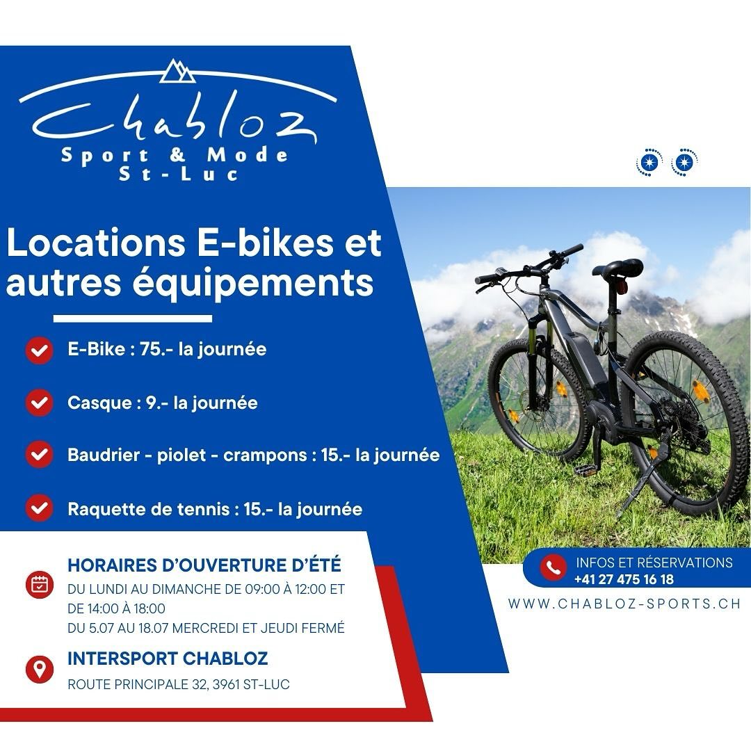 🌞🎉 Découvrez nos tarifs de location pour l’été 2024 ! 🚵🏼♀️☀️ Louez tout ce dont vous avez besoin pour profiter pleinement de vos vacances : vélos, casques, raquettes de tennis et bien plus encore. Réservez maintenant et préparez-vous à vivre un été inoubliable !