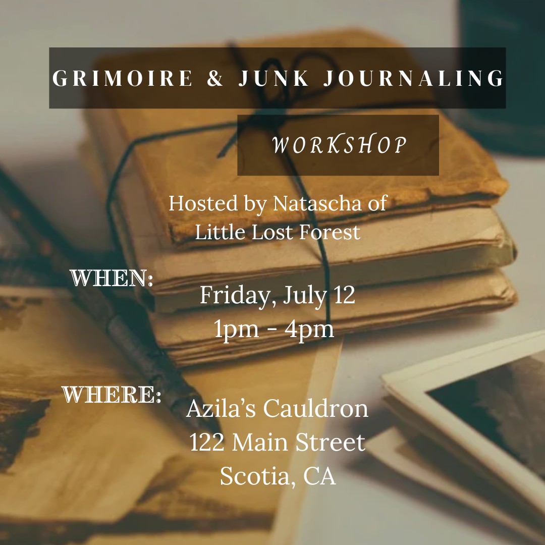 Natascha of @littlelostforestart will be hosting a grimoire and junk journaling workshop at Azila's Cauldron.
This workshop is perfect for those who want to start journaling or keeping a grimoire and don't know where to start, or if you're just having a hard time finding inspiration.
You're welcome to bring your own journal, pens, and supplies. If you don't have any, a selection of journaling supplies are available for purchase at the shop.
Come on in any time between 1pm and 4pm this Friday and check it out! All ages are welcome.
Donations are welcome and appreciated.
#GrimoireWorkshop #JunkJournaling #AzilasCauldron #MetaphysicalStore #JournalInspiration #CreativeJournaling #MindfulJournaling #WitchCommunity #JournalingSupplies #AllAgesWelcome #LocalEvent #SpiritualGrowth #bookofshadows #inspiration #craftingworkshop #humboldtcounty #humboldtcountyca