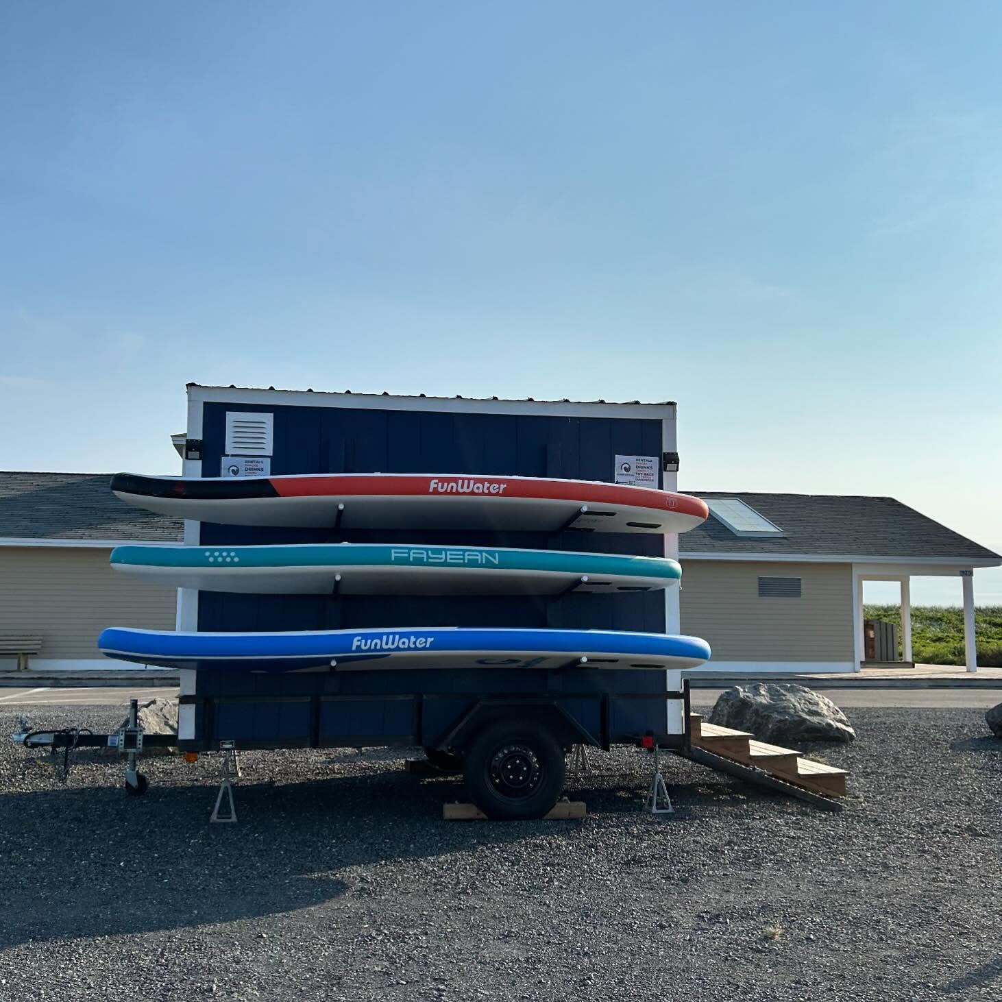 Our new setup location infront of the main building in the first parking lot is working great, we are now able to use our paddle board rack 🏄♂️