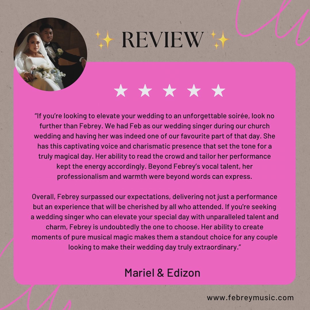⭐️⭐️⭐️⭐️⭐️
Feeling incredibly blessed and grateful for this beautiful 5-star review. 🥰 A heartfelt thank you @marielcastrence & Edizon for allowing me to be a part of your special day. 🥹🙏⭐️😘#WeddingSinger #HeartfeltThanks #FebreyMusic