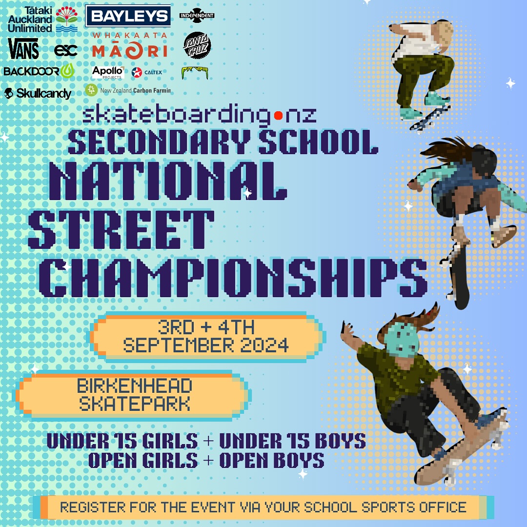 ‼️‼️ secondary schools nationals is coming up next month at Birkenhead Skatepark ‼️
@skateboarding.nz is proud to present the 2024 NZ Secondary Schools Street Skateboarding Championship at Birkenhead Skatepark on Tuesday the 3rd and Wednesday the 4th of September!
///
Register now at your school!
3rd September 2024 - 4th September 2025
Birkenhead Skatepark, 46 Mahara Avenue, Birkenhead, Auckland 0626
///
Free entry
All NZ Secondary School students are eligible to enter
///
Divisions:
Under 15 girls
Under 15 boys
Open girls
Open boys
///
Event schedule:
Tuesday, 3rd September, 8.30am – 3pm – Qualifier Heats
Wednesday, 4th September, 8.30am – 5pm – Semi-finals, finals, prize giving
///
An opportunity for secondary-school-age rangatahi from all over Aotearoa, New Zealand to compete together at Birkenhead Skatepark
///
This event is part of the National Schools Championships. It is created in partnership with New Zealand Sport Collective, Tātaki Auckland Unlimited and Skateboarding New Zealand.
///
Our event sponsors are Stem Distribution, East Skate Club, Backdoor NZ, Skullcandy, Pit Viper, and Vans.
///
@vansnewzealand @pit_viper_nz @skullcandy_nz @backdoor_nz @stemdistributionltd @eastskateclub