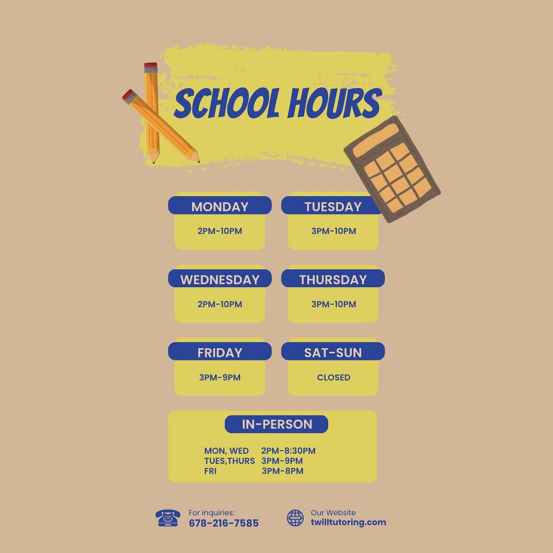 Happy Back 2 School Week!!! I’ve posted school hours on the website!
Virtual and online sessions are available to all in need! Feel free to check out our website twilltutoring.com.
First-time clients will still receive their first session FOR FREE! AND, current clients will receive 15% off their session for each client referral. Offer ends on 08/31.
Pass this post along to anyone you know!!!
#back2school #schoolhours
#b2s #mathtutoring #mathtutor #mathmatters #helpishere #rebuilding #matheducation