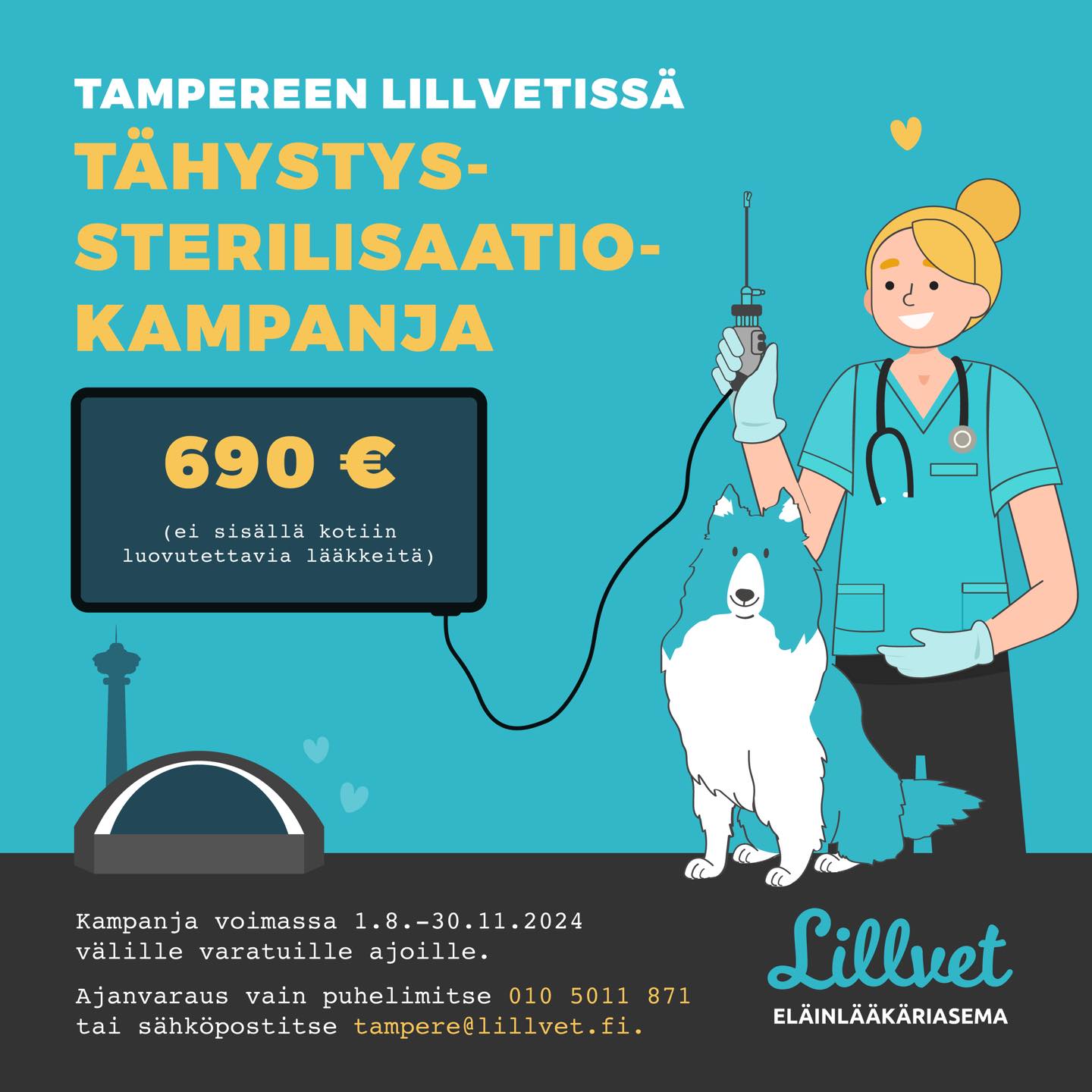 Tampereen Lillvetissä alkaa nyt TÄHYSTYSSTERILISAATION KAMPANJA!
Kampanjan ajan tähystyssterilisaatio 690€ (ei sisällä kotiin luovutettavia lääkkeitä). Klinikalta on mahdollista ostaa erikseen haavapuku tai kauluri, mikäli kotona ei ole sopivaa valmiiksi.
Kampanja on voimassa 30.11.2024 asti!
Miksi kannattaa valita sterilisaatio tähystyksellä?
Tähystyssterilisaatio saadaan tehtyä pienemmillä haavoilla kuin avoleikkauksena tehty sterilisaatio ja toipuminen on tästä syystä usein nopeampaa. Lisäksi toimenpide aiheuttaa koiralle tutkitusti vähemmän kipua, mistä syystä se on usein suositellumpi toimenpide.
Huom! Tähystyssterilisaation alapainoraja on 10kg.
Voit varata ajan toimenpiteeseen puhelimitse.
p. 010-5011 871 🩵