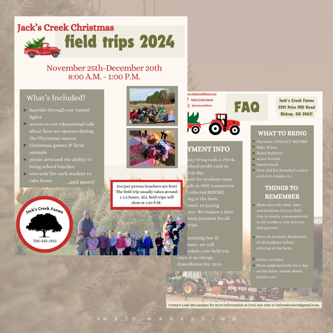 We were thrilled to help @jackscreekfarm create an informative flyer for their Christmas season field trips! 🎄✨ Flyers are a powerful tool for spreading the word about your events and services, and they can do even more when sent via email. With clickable links, your flyer becomes interactive, allowing customers to easily access more information and engage with your business. 👏
And if you know of a local school looking for a fun field trip, definitely head to Jack's Creek! 🚜
Let KM & Co. help you make an impact with your next flyer! 📄📧
#emailmarketing #socialmediamarketing #socialmedia #graphicdesign
