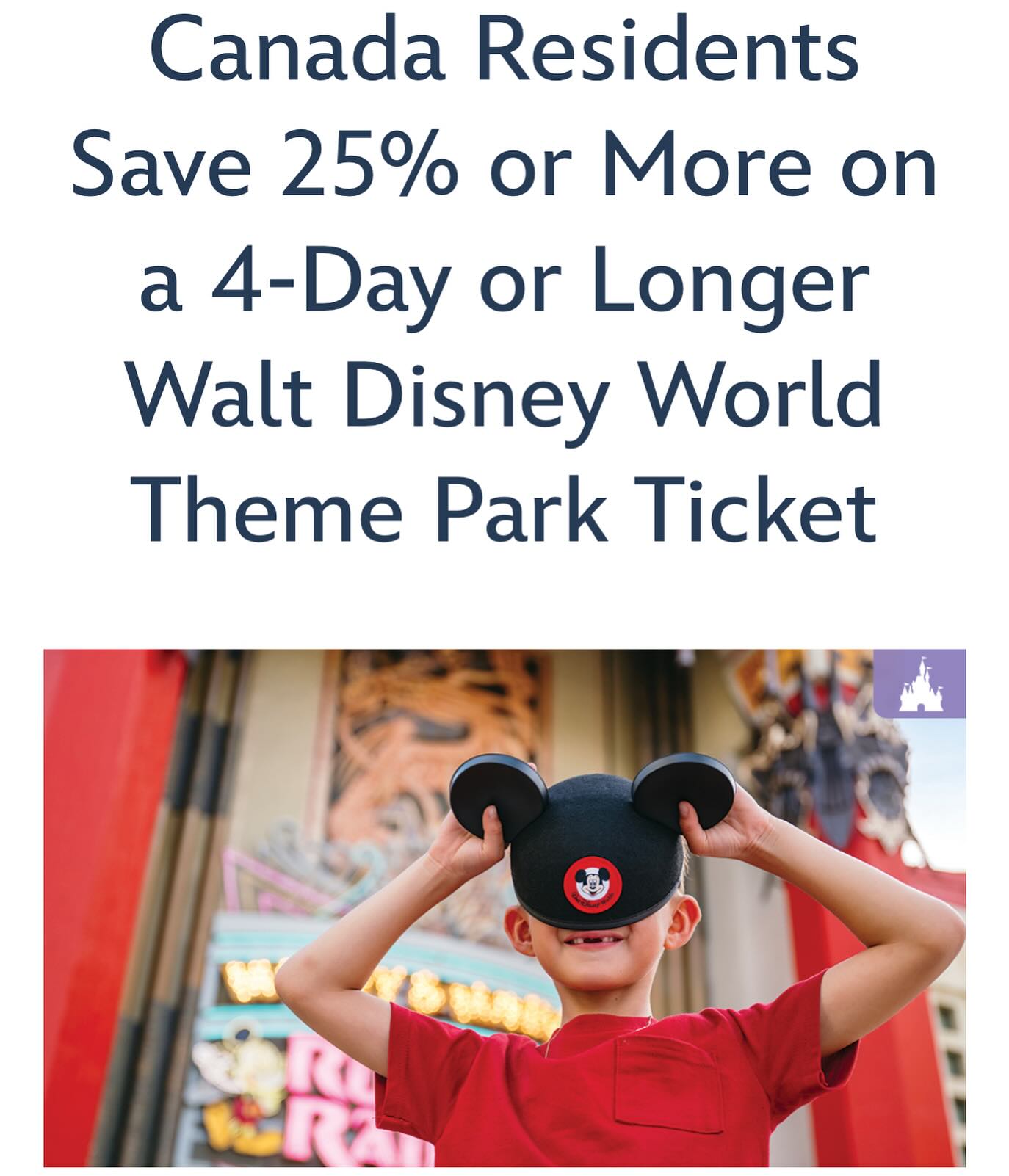 📣🇨🇦 New Offer Coming Soon‼️ - Canada residents save 25% or more on 4-day or longer Walt Disney World theme park tickets—valid for select ticket start dates in late 2024 and 2025. These tickets will be available for purchase beginning September 10, 2024.
Contact us for more details.