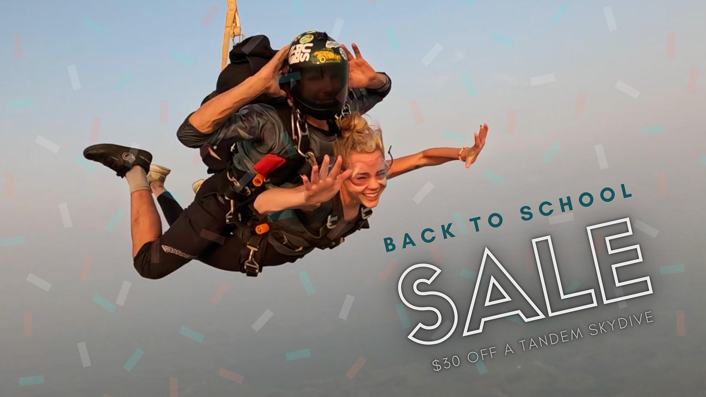 Elevate the start of your school year with a tandem skydive! Experience the thrill of freefall from 12,000 feet. Take advantage of our exclusive Back to School special and save $30 on a tandem skydive. This limited-time offer is available through the end of September, so don’t wait -book your adventure today! Use code “back2school” at checkout to redeem this deal. Link in bio.