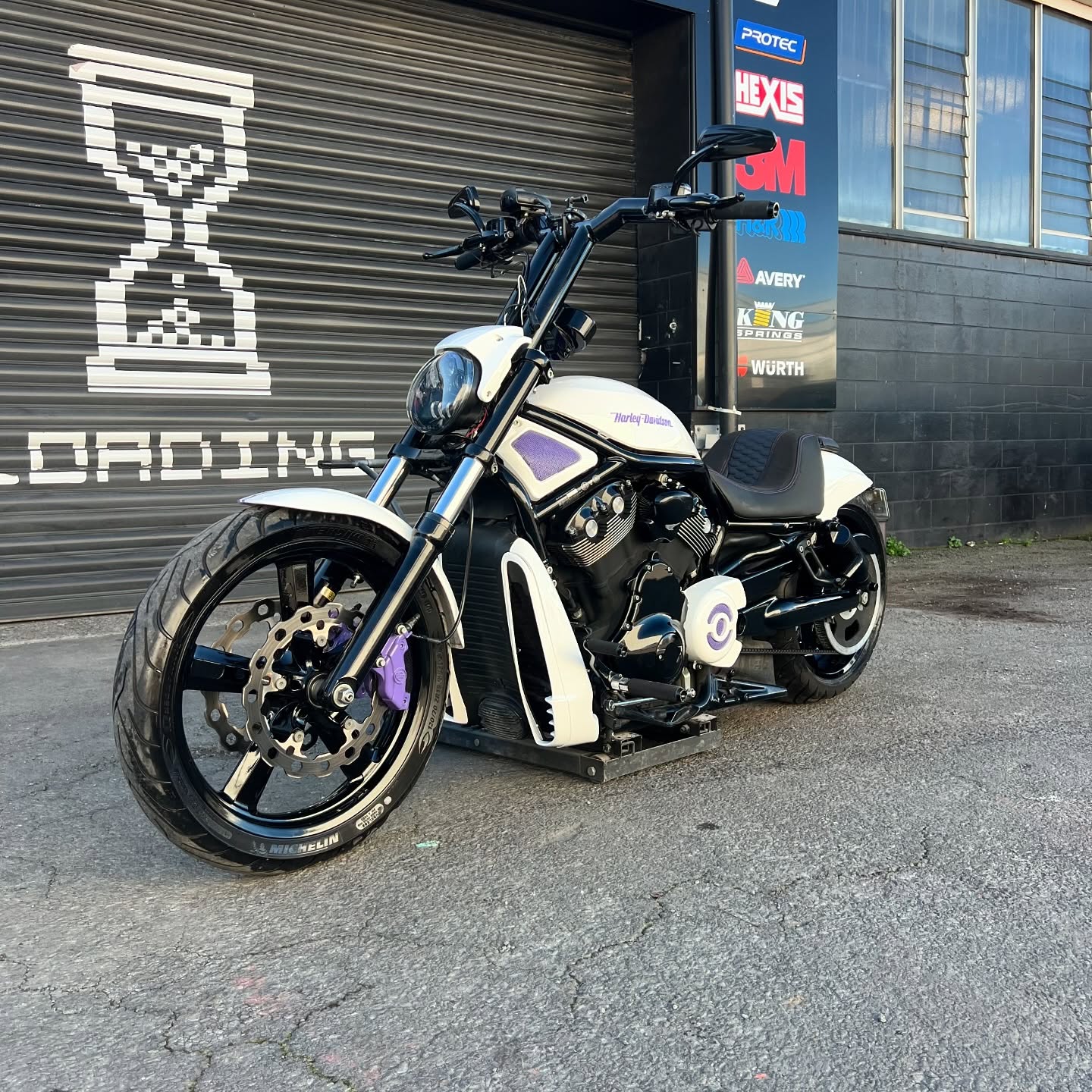 Gotta love it when you get do something a little different. Loving the Lavender Colour on the iconic VRod. We painted the wheels, calipers, tins. Got the seat redone to match and wrapped the exhaust ✨ #girlsonbikes #vrod #harley #harleydavidson