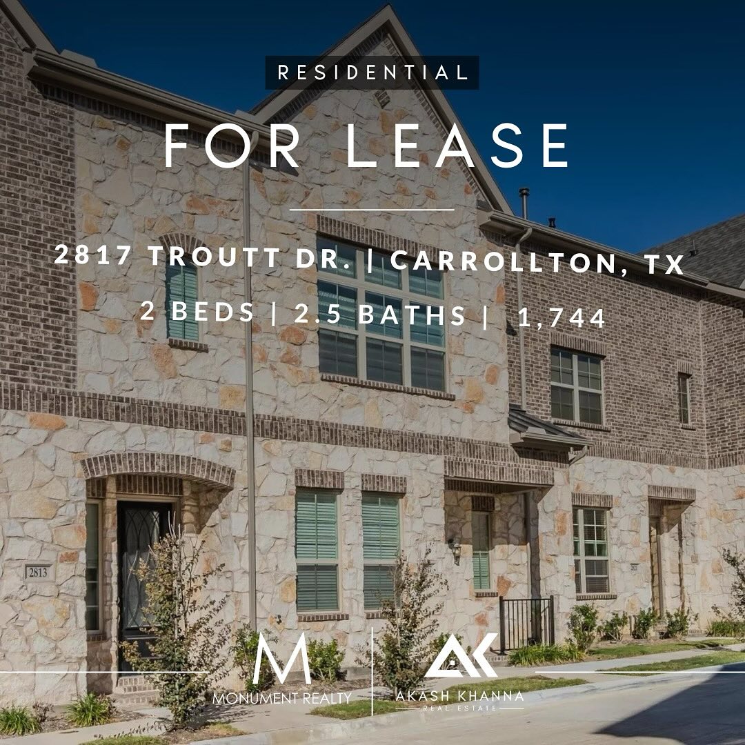 FOR LEASE | Residential | Carrollton, TX
Lease this stunning fully furnished townhome in Carrollton, TX, and elevate your living experience! Featuring a bright, open-concept design, high ceilings, and a gourmet kitchen with granite countertops and stainless steel appliances. Enjoy the convenience of having a refrigerator, washer, and dryer included. The master suite offers a luxurious escape with its spa-like bathroom and spacious walk-in closet. Perfectly located near top dining, shopping, and easy highway access, this townhome is ready to welcome you home. Move in and start living your best life!
Akash Khanna | Realtor
📧: akash@monumentstar.com
📲: 945.217.6410
#carrolltontx #lease #forlease #akashkhannarealtor #dallasrealestate #dallashomes #dallasrealtor #househuntingdallas #homesbyakash #dallastxrealtor #dallashomesales #realestatedallas #dreamhomedallas #dallasproperty #newhomedallas #realtorlife #dallasluxuryhomes #dallasliving #homesweethomedallas #dallasrealty #dfwrealestate #texashomes #dallasneighborhoods