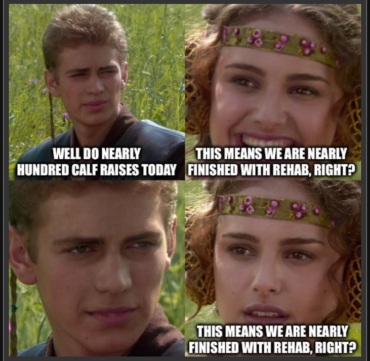 Roland ist mittlerweile 10 Wochen nach seiner Verletzung. ,,Calf Raises‘‘ macht er mittlerweile ohne Probleme auf beiden Beinen, das Gangbild normalisiert sich und er ist konsequent ohne Gehhilfen unterwegs.
Slide 1: Anakin Meme Clickbait
Slide 2: Langsam geht es an die Substanz. Neben dem gezielten Training von Wade und Unterschenkel bauen wir auch allgemeines Training der unteren Extremität mit in die Behandlung ein. Ausfallschritte geben schöne Oberschenkel und verbessern das Gangbild.
Slide 3: Ein immens wichtiger Teil bei einer Achillessehnenruptur ist das Erarbeiten einer einbeinigen ,,Calf Raise‘‘. Dieser Meilenstein ist schwer zu erreichen aber sagt uns als Therapeuten dass der Patient auf einem guten Weg ist. Roland hat zwar noch keine ganze Wiederholung geschafft aber 3x10 Sekunden Haltemoment sind ein solider Anfang. Das auszubauen ist Ziel der nächsten Wochen.
Slide 4: Roland hat auch vor der Verletzung schon Balanceprobleme gehabt, arbeitet aber sehr diszipliniert daran. Hier seht ihr eine Übung die seine Kontrolle im Einbeinstand weiter ausbaut und sein Gleichgewicht verbessert.
Falls ihr Fragen zum Therapieprozess oder Übungen habt, lasst es uns gerne wissen :)
#horgen#physicaltherapy#physioteam#interview#zürich#sportsphysio#dontforgettotrain#achillesrupture