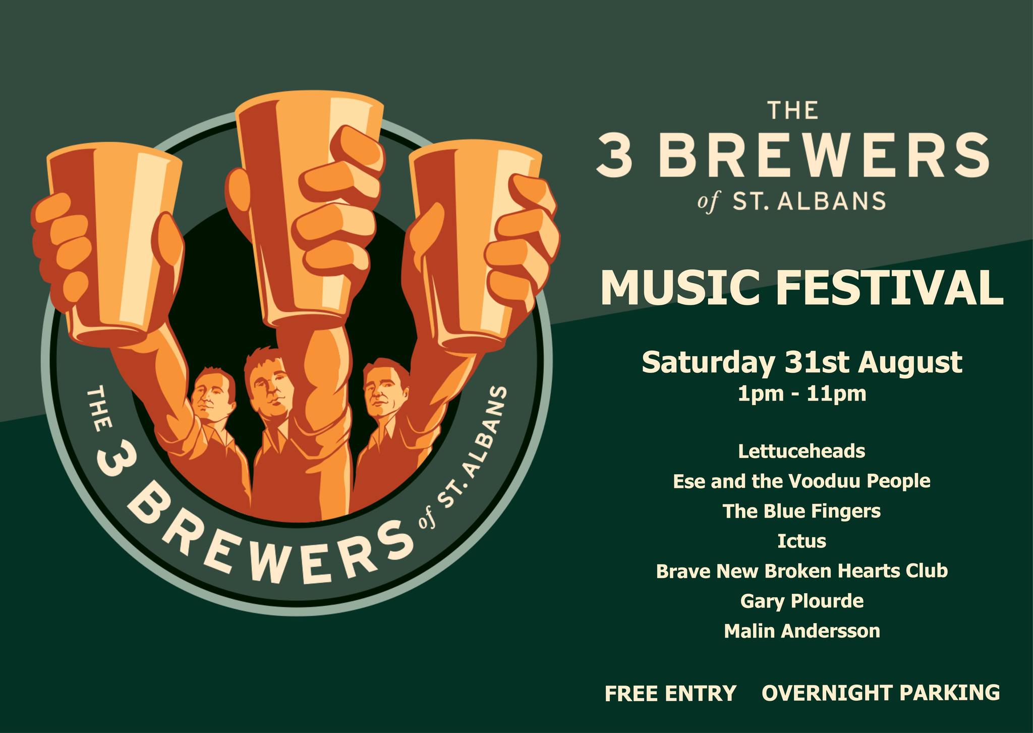 Not long now till our Music, Food and Beer festival (Sat 31st Aug in case it's not in your diary) and we've got a stonking musical lineup for you:
MainStage
Lettuceheads (3Bs festival faves and the best covers band around)
Ese and the Vooduu People (electric soul)
The Blue Fingers (red hot blues)
Ictus (jazz - the tuneful variety)
Acoustic Stage
Brave New Broken Herts Club (songwriting straight from the heart)
Gary Plourde (all the way from the USA! Like Springsteen but slightly younger)
Malin Andersson (thoughtful music to sooth your soul)
With more bands than ever before we'll have live music almost constantly from around 1.15, so arrive early for the full festival vibe.
Merchandise
Undeterred by having forgotten to order our own merch, but inspired by Ms Swift selling more tat than a small nations GDP, I'm encouraging all artists to bring their own merchandise. With it becoming so difficult for grassroots performers to make a living in the current music scene the sales of CDs or t-shirts really makes a difference. And you can pre-order our own leading edge fashion items. I may even have an industrial pressure washer for sale too! Arrive early to avoid abject disappointment.
Media Darling
Listen out for yours truly attempting to be witty and informative on Mix 926 (Smart speaker, app and 92.6 FM) on Saturday morning.
As always, round up your besties and head over to the farm. In fact, why not reconnect with someone you've not heard from for ages, chances are they'd love to catch up over a beer while enjoying the best festival vibes.
See y'all soon
The 3 Brewers of St Albans
@mix926official #freefestival #livemusicstalbans @ese_andthevooduupeople_
@bravenewbhc @the_lettuceheads @thebluefingersband @malinandmusic @twotwosfood @symondshydefarm @kerseyguitarsco @thechocspotuk @teddysphotos