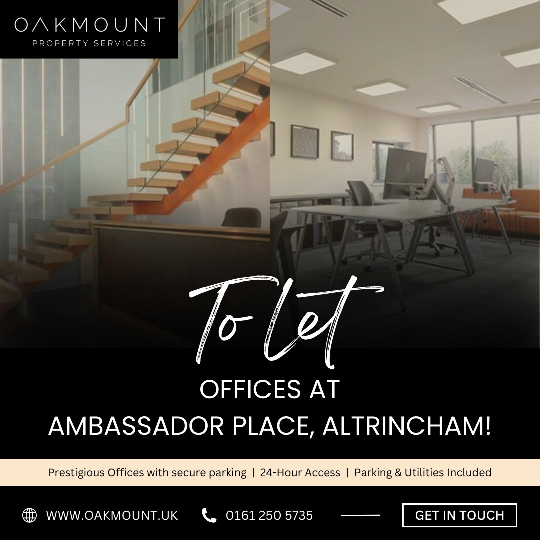 TO LET: 1 Ambassador Place, Altrincham WA15 8DB
Prestigious Offices with Secure Parking.
- High-Quality Boutique Head Office
- Bright, Modern & Air-Conditioned
- 24/7 Access with Intercom & Alarm
- Recently Refurbished to High Specification
- 24-Hour Access
- Modern Kitchen
- High-Speed Broadband Included
- Parking & Utilities Included
- Spacious W/C
- Data Cabling Throughout
View offices here 👉 https://youtu.be/L8TNEks-2IY
Conveniently located in Altrincham.
Contact us at www.oakmount.uk, or call 0161 250 5735. 📞
https://www.rightmove.co.uk/properties/145021103?
#OfficeSpace #Altrincham #PrestigiousOffices #Workspace #PropertyServices #Oakmoun
