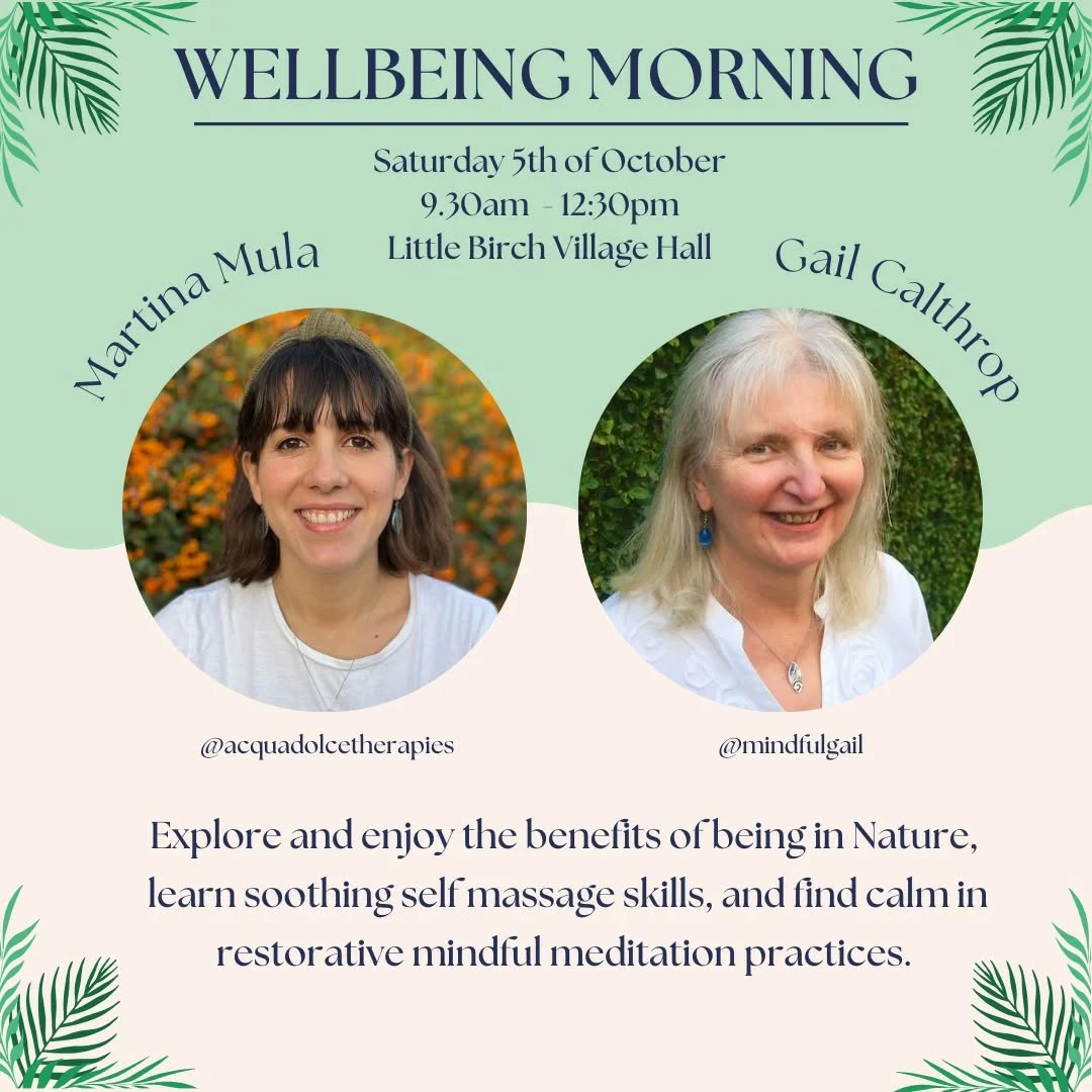 Hello Everyone ☺️!
September has arrived.
I call it the bridge month as we are starting the magical transition from the vibrant energies of the summer to the more quieter and refletive days of the Autumn 🍂
This is the perfect time to slow down, take more care of ourselves and reconnect with our own wellbeing 🍁
.
.
I would like to invite you to join me and @mindfulgail for a Wellbeing Morning event:
When? 👉🏻 Saturday the 5th of October
Where? 👉🏻 Little Birch Village Hall (Herefordshire) from 9.30am til 12.30pm
What to expect?
🌿 Enjoy a mindful walk and wander in Nature aligning with the rhythms of it all round us
🌿 Learn self massage techniques to nurture and relax which you can then practice by yourself at home
🌿Rest into mindful meditation to calm your body, mind and being.
If you would like to join us, please follow the link in my BIO (Martina)
⭐Spaces are limited so book your spot in advance to avoid disappointment ⭐
Hope to see some of you there!
With Love,
Martina & Gail xx
.
.
.
#herefordshire #hereford #wellbeing #wellbeingevent #wellbeingmorning #mindful #mindfulness #meditation #holistic #holisticmassage #acquadolcetherapies #mindfulgail