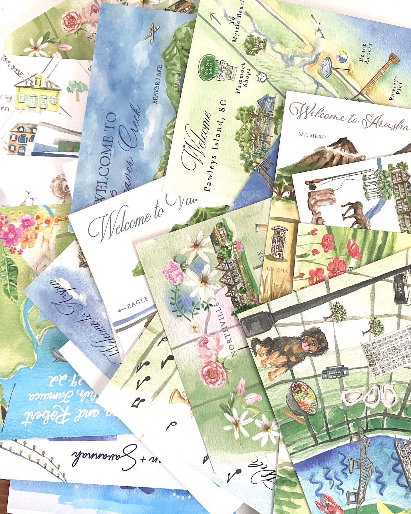 Just a peek at some of the maps Iโve designed with my wonderful couples!! ๐บ๏ธโ๏ธโค๏ธ #weddinginvitations #custommap #watercolormap #map